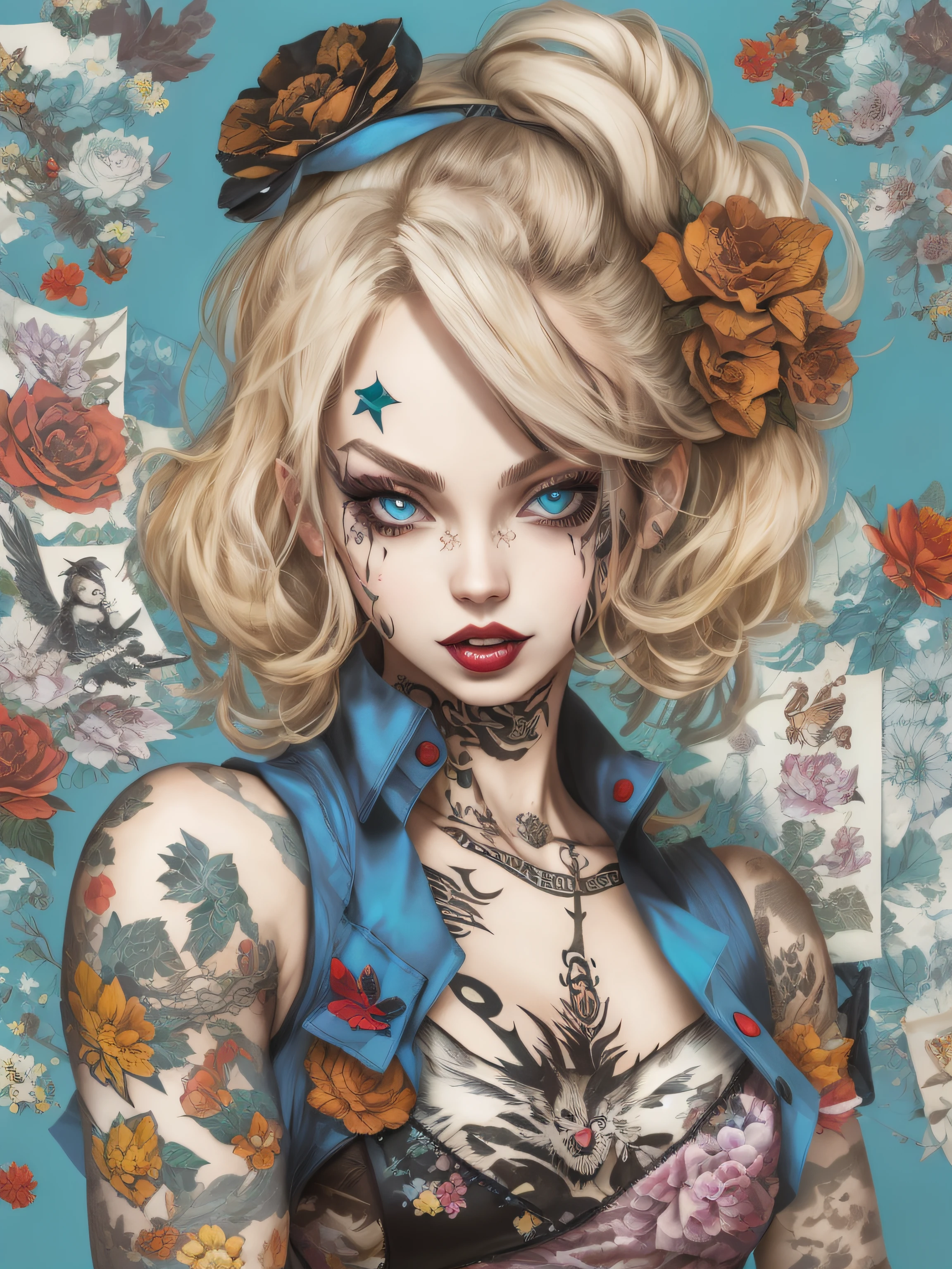 illustration of Alice of Wonderland in a rebellious pin-up style, Japanese manga style, wearing a bold look with a mix of classic and modern elements. Her skin is adorned with vibrant tattoos that show her rebellious nature, imagem contra fundo branco.