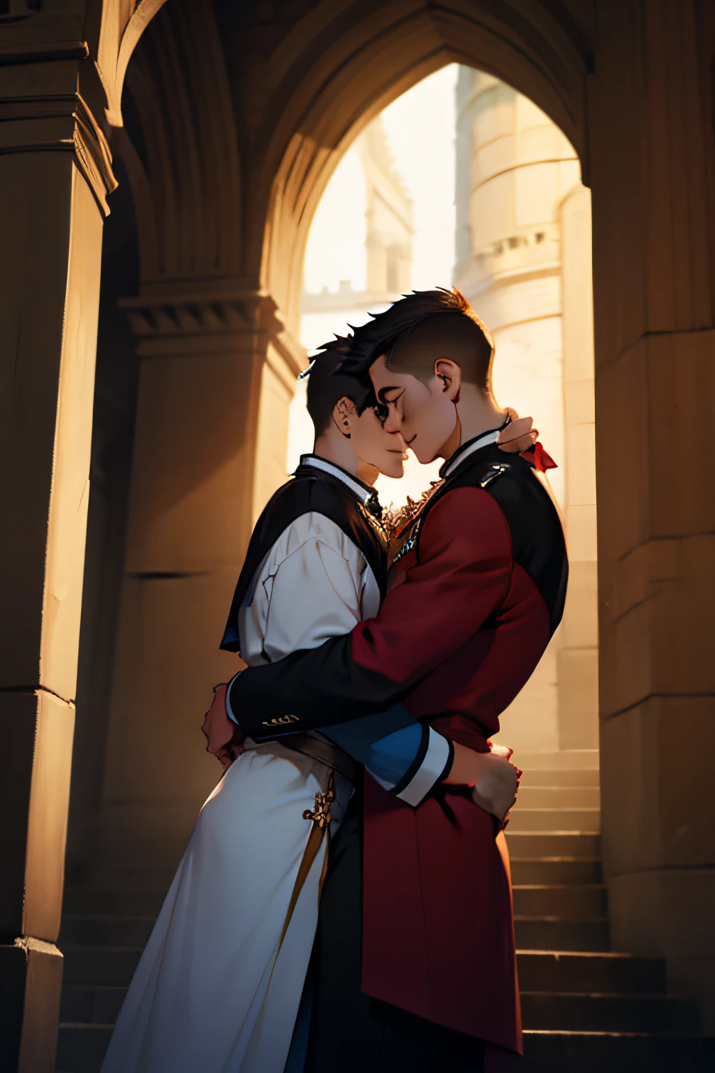 Two young men embracing in the castle