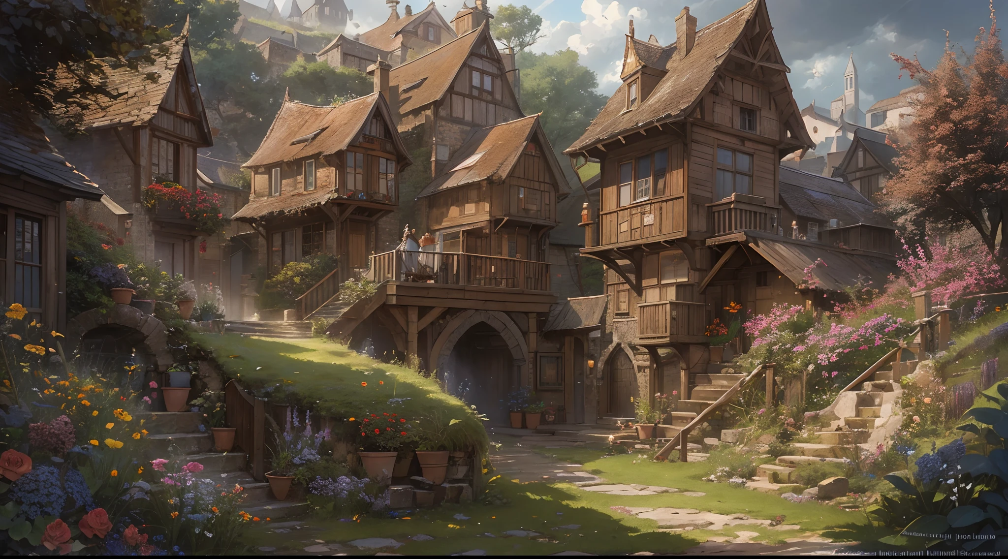 (by Greg Rutkowski: 1.2), (masterpiece), (best quality), extremely delicate and beautiful, illustration, (fantasy landscape), A mesmerizing fantasy landscape with enchanting elements blending seamlessly. (medieval village, houses, medieval fantasy), from Brian Froud and Carne Griffiths and Wadim Kashin and John William Waterhouse, 8K post-production, high resolution, hiper detailed, depth of field, HDR, intricate