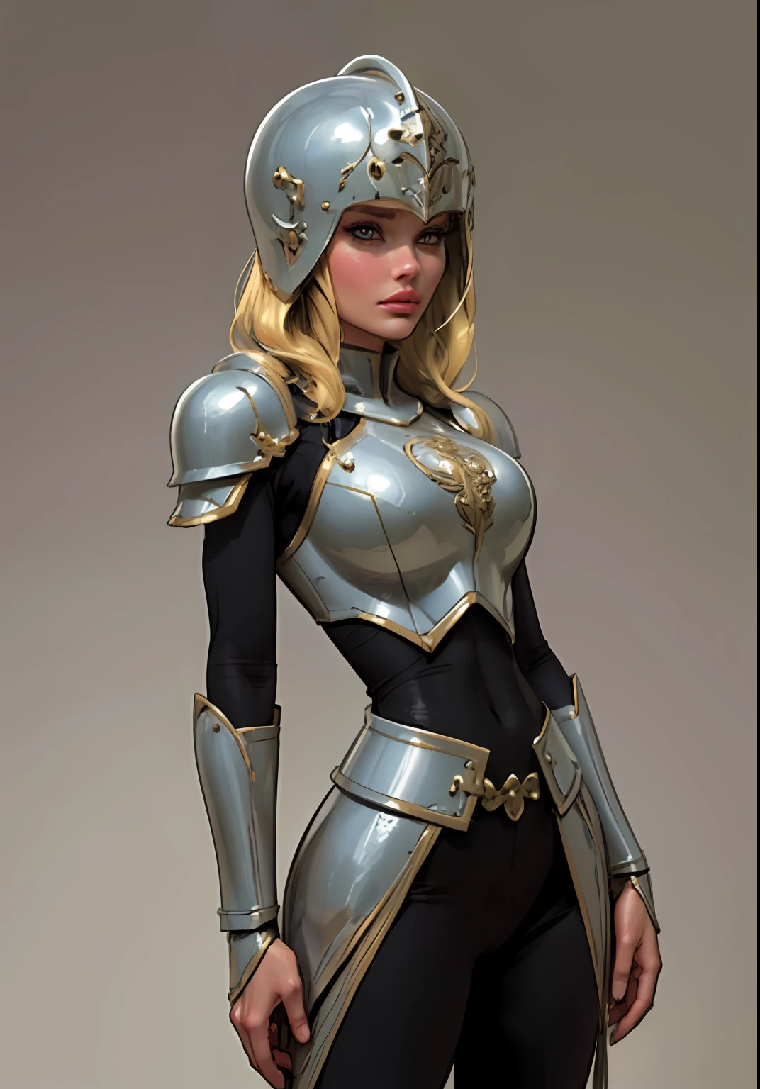 Gray clay style,(masterpiece, best quality), Grayscale,a woman in armor, full armor,helmet,armor,extra arms,breastplate, dark brown skin tone, platinum blonde hair, hair under helmet, pixiecut, dainty, perfect face, pretty face, lush detail,