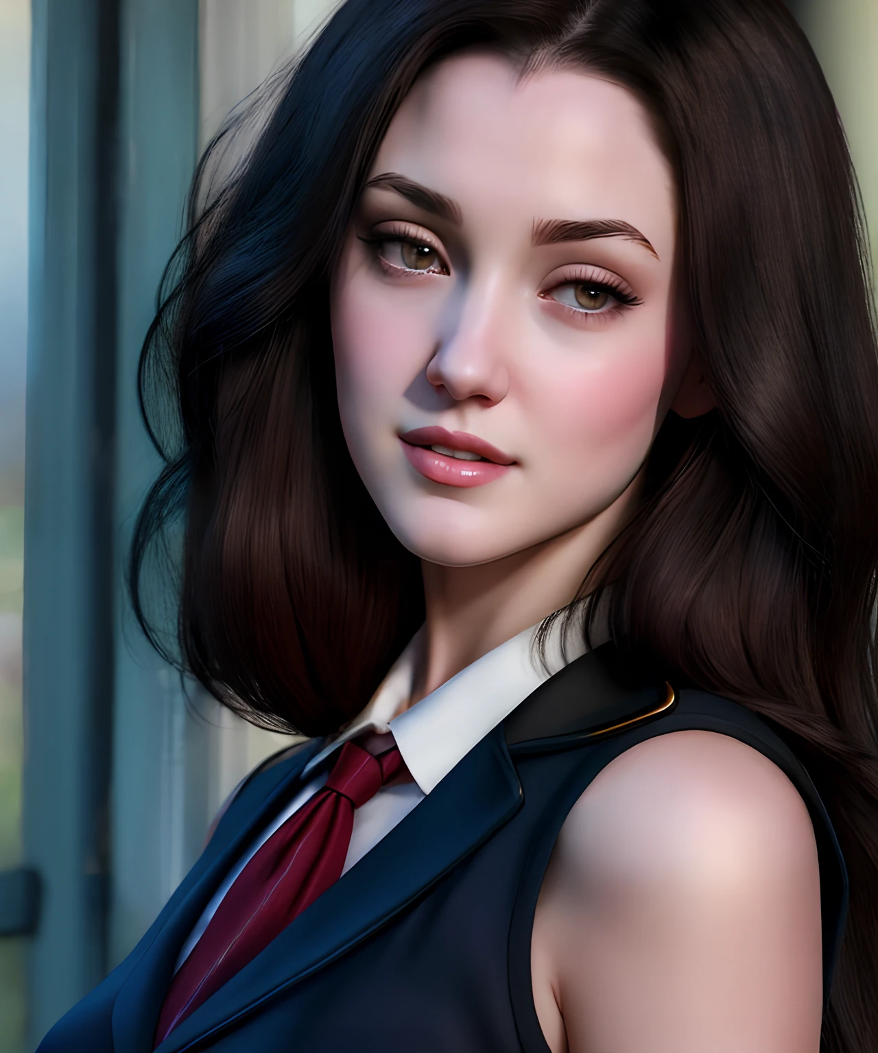 Jessica Stoya, caucasian woman posing for a picture in school girl uniform, realistic, pale fair skin, with black hair, shoulder length hair, she has black hair, with pale skin, short dark hair, digital art. photo realistic, highres, alice cullen, beautiful kat dennings, wonderful dark hair,