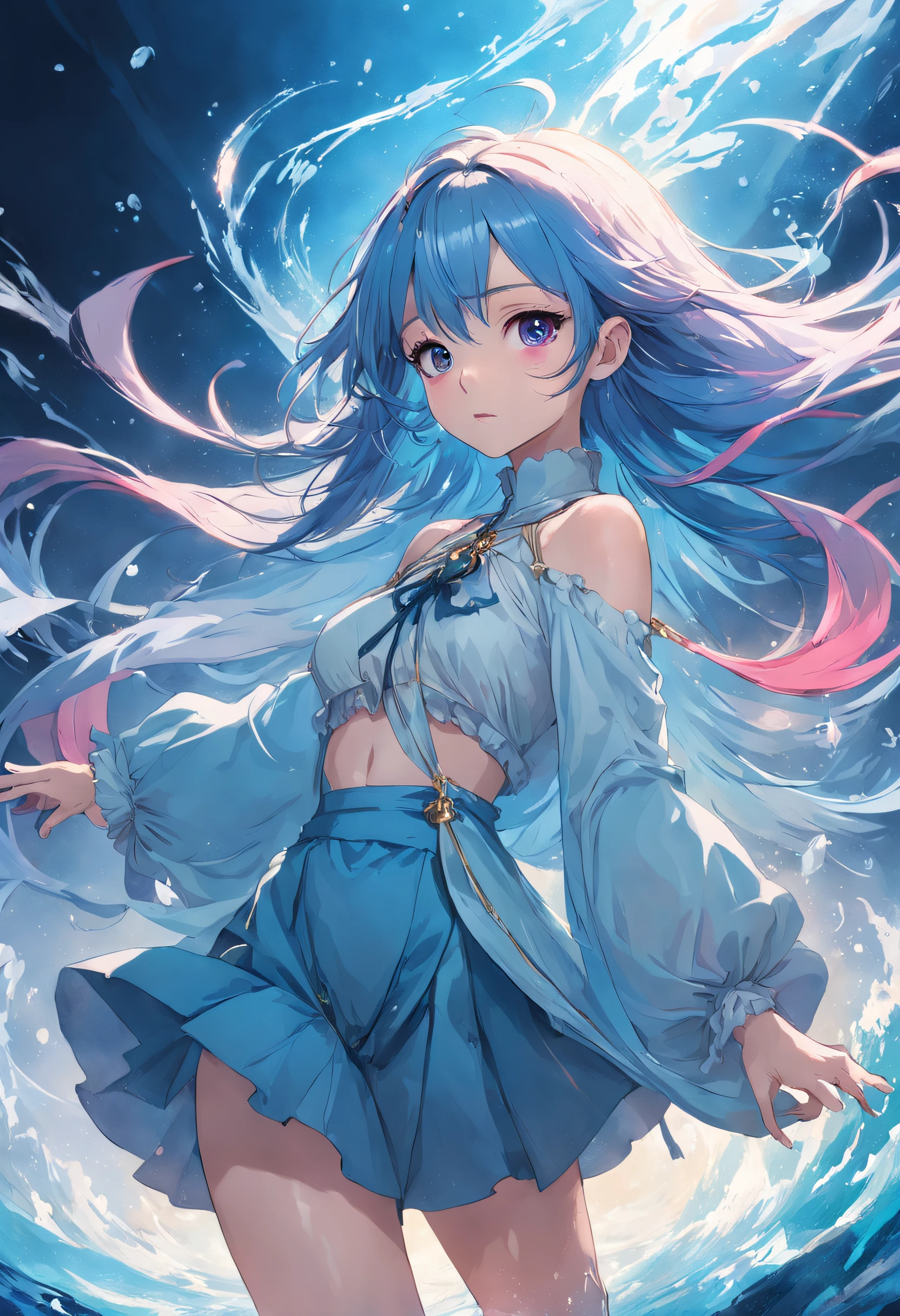 Tori long, Flowing sapphire blue hair、It's like a cascade of sparkling ocean waves, Draw similarities to her aquatic-themed ring. Her magenta eyes are、It seems to have a hint of mystery and magic, Reflects the depth of her soul and the enchantment she weaves through music. Her fair skin enhances her ethereal beauty, Give her an otherworldly aura.Her outfit choices are、Reflects a blend of elegance and comfort, Allows her to move freely on stage or while exploring. Puffy white shirt, Long sleeves evoke a feeling of capriciousness and grace, Although her black shorts and boots mean she's ready for adventure. Her ensemble is、Balancing her dual identity as a famous singer with the daughter of a famous explorer.Ring of Birds, aquamarine, Not only sentimental value、It also retains an air of mysticism. Her parents' connection to their heritage is、Imbues her personality with deep purpose, While respecting their memory、Drives her to discover her own path.