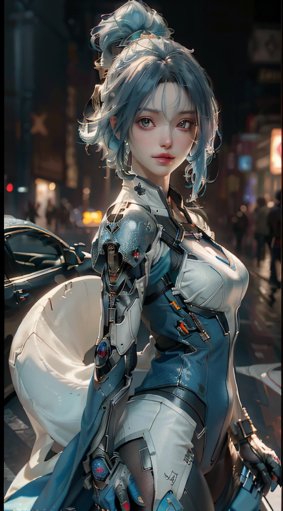(photorealistic:1.8, highest quality:1.8,8K masterpiece:1.8,High resolution,muste piece:1.8,RAW Photos,cinematic lighting),No split screen, cyber punk、Highway at night、rain-soaked ground、 (1 android girl:1.3)、Completely naked、Full body tattoo、choker、beautiful breasts、T-shirt、denim mini skirt、beautiful butt、beautiful thighs,plump nipples、(Nipples visible through clothing)、cameltoe、 Body painting with a pop design drawn all over the body、pop art design、cutting edge fashion、conceptual art、Riding on motorcycle、 (Beautifully shining vermilion, blue, white and golden hair:1.5)、shining blue eyes、Shy Smile