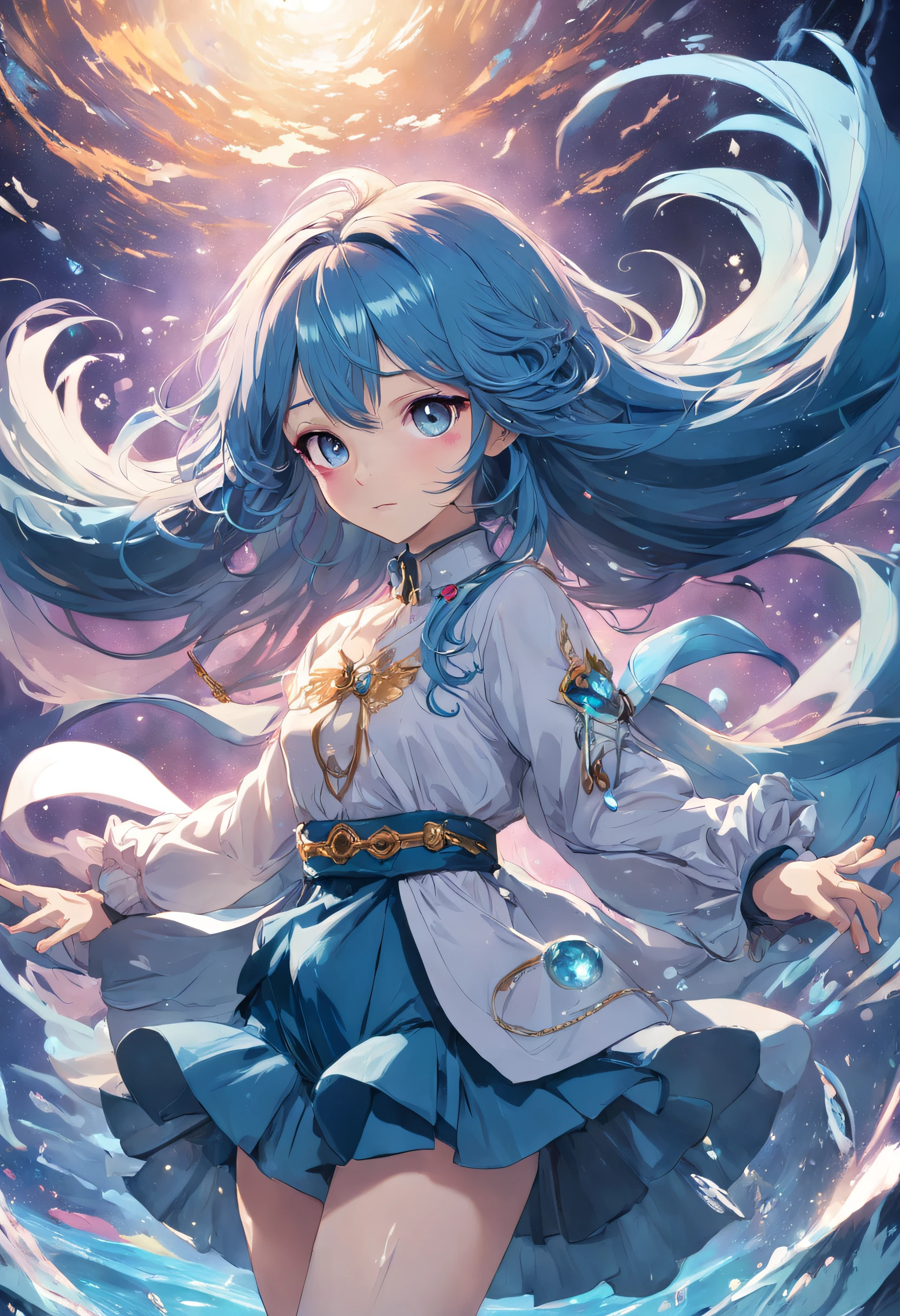 Tori long, Flowing sapphire blue hair、It's like a cascade of sparkling ocean waves, Draw similarities to her aquatic-themed ring. Her magenta eyes are、It seems to have a hint of mystery and magic, Reflects the depth of her soul and the enchantment she weaves through music. Her fair skin enhances her ethereal beauty, Give her an otherworldly aura.Her outfit choices are、Reflects a blend of elegance and comfort, Allows her to move freely on stage or while exploring. Puffy white shirt, Long sleeves evoke a feeling of capriciousness and grace, Although her black shorts and boots mean she's ready for adventure. Her ensemble is、Balancing her dual identity as a famous singer with the daughter of a famous explorer.Ring of Birds, aquamarine, Not only sentimental value、It also retains an air of mysticism. Her parents' connection to their heritage is、Imbues her personality with deep purpose, While respecting their memory、Drives her to discover her own path.