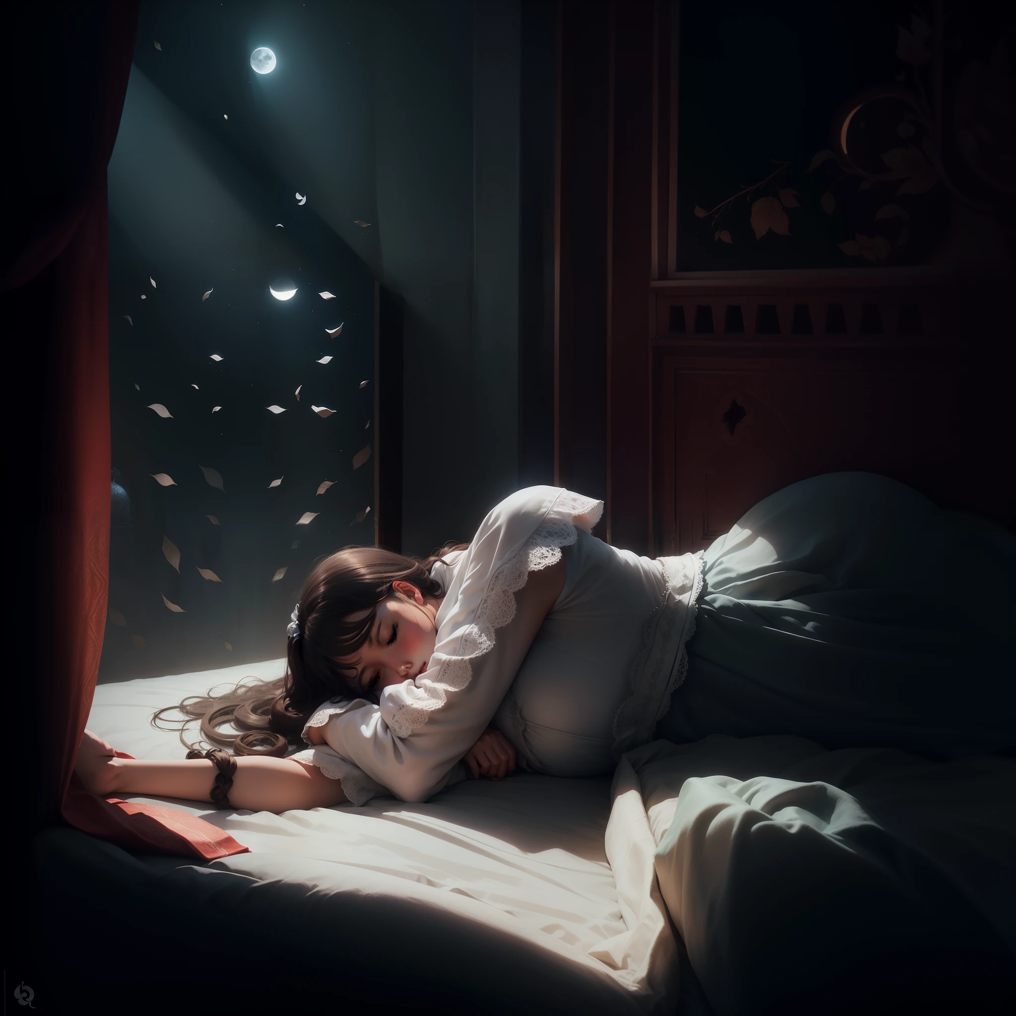 A girl sleeping on a bed, the moonlight entering through a Moroccan window, wearing a white dress full of red