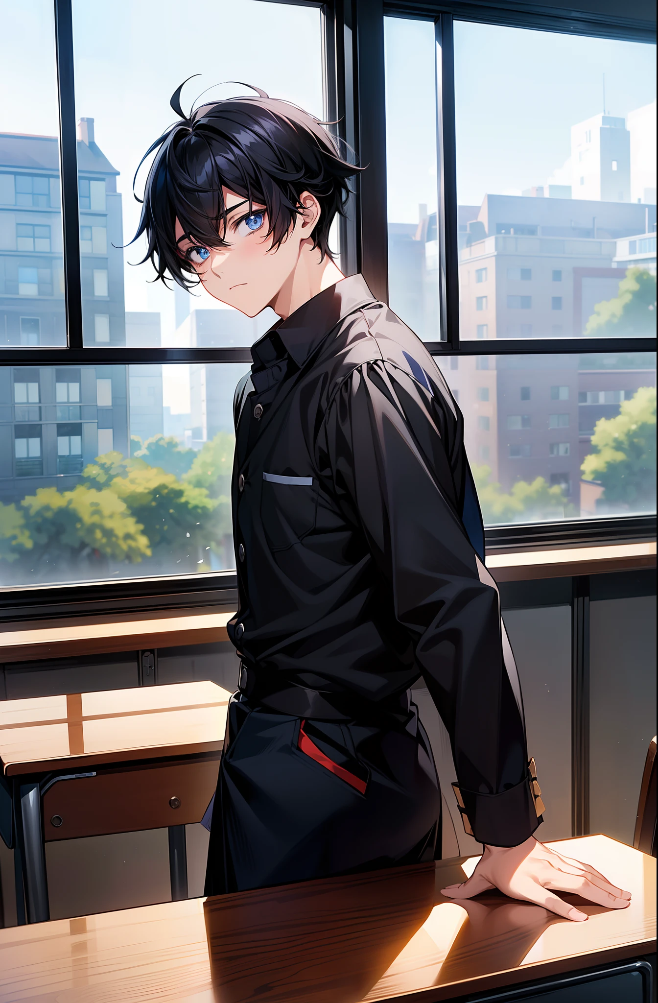 solo, ((anime boy with black hair)), ((bangs)), ((in traditional black buttoned school uniform)), ((isekai protagonist)), ((blue eyes)), (bored), (tired), ((starring out window)), ((classroom in background)), ((high quality)), (extremely detailed)