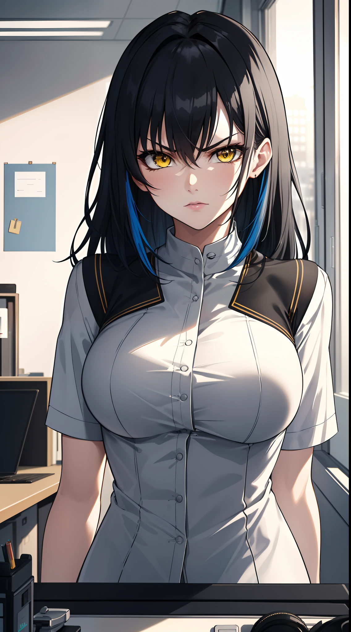 professional artwork, Intricate Details, field of view, sharp focus, detailed painting, photorealistic lighting, trending on pixiv,(masterpiece:1.0),(best_quality:1.0), ultra high res, ultra-detailed, photography, 8K, HDR, highres, absurdres:1.2, Kodak portra 400, film grain, sharp focus, bokeh:1.2, lens flare, (vibrant_color:1.2), (((indoors, office details))), Annerose, 1girl, female mature, black hair, long hair, (yellow eyes), large breasts, white office suit, higheels, soft skin, hair intakes, (solo:1.4), (upper body, half body shot, covered breasts), angry, angry face