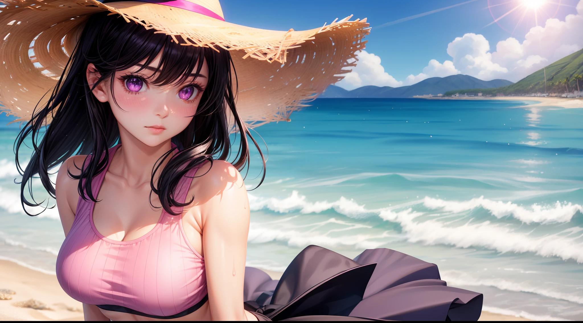 focused upper body, realistic, 1girl, black hair, sparkling purple eyes, pink crop top, black skirt, blush, morning, walking at the beach, sunlight, (wearing a beach hat)