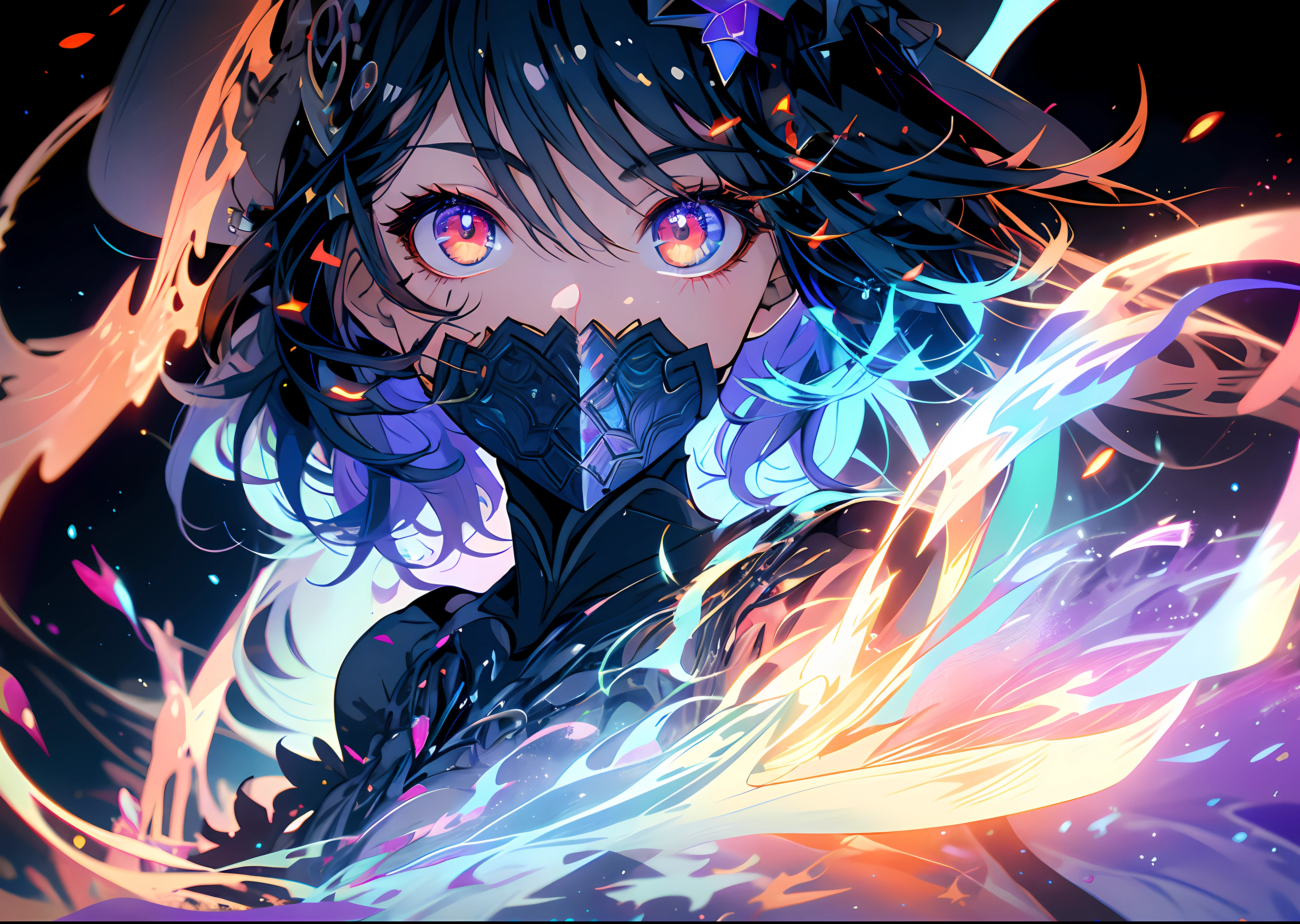 "1girl, with black hair and red eyes, embodying a fire witch, surrounded by swirling blood and illuminated by vibrant light particles and rays, creating a captivating wallpaper with high contrast and vibrant colors."