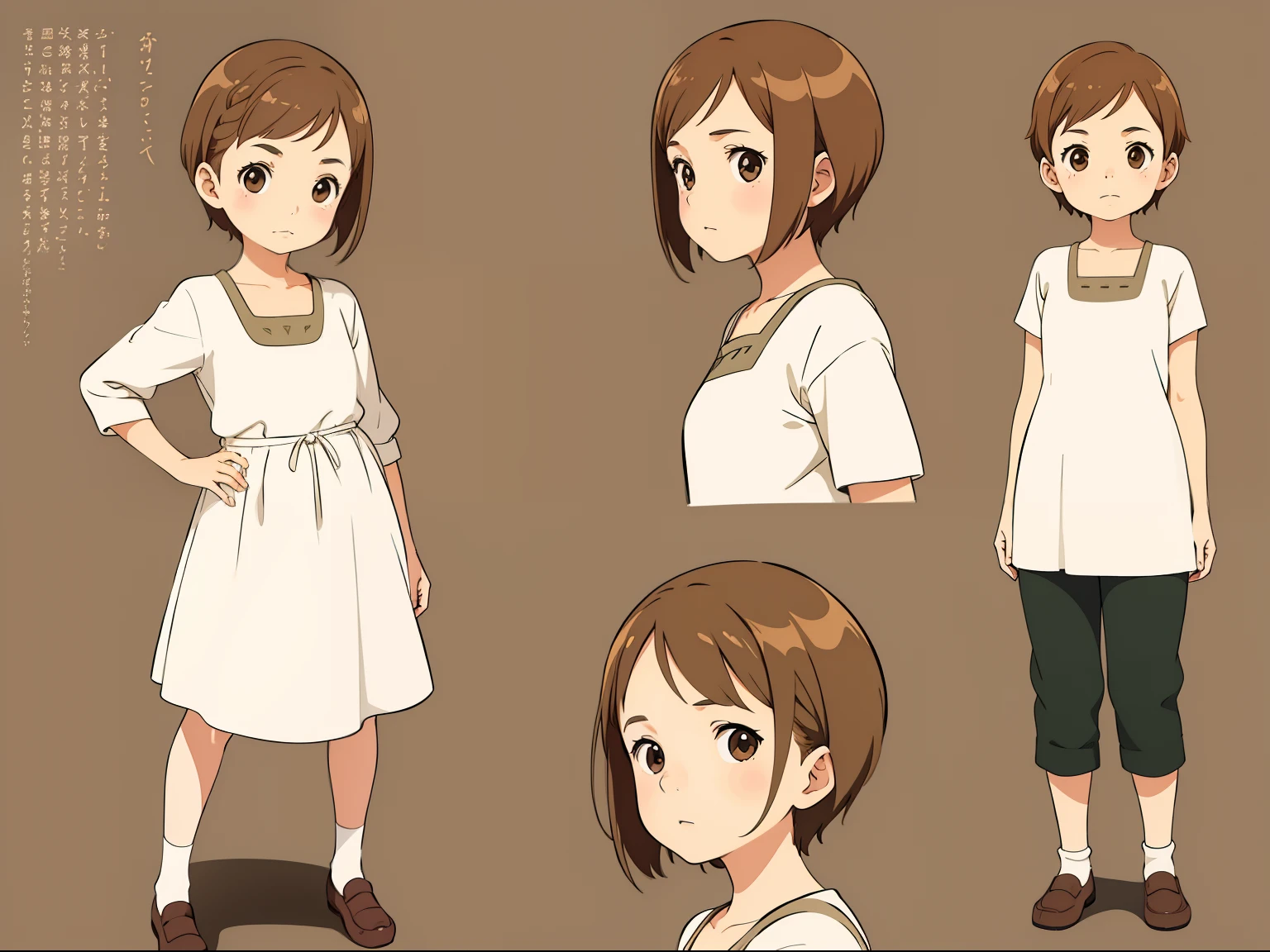cute girl, super light brown hair, pixie bob hairstyle, character seet, Multiple pose and expressions, different angles, organizing, ghibli style, childrens book, meny character, Full body shot,