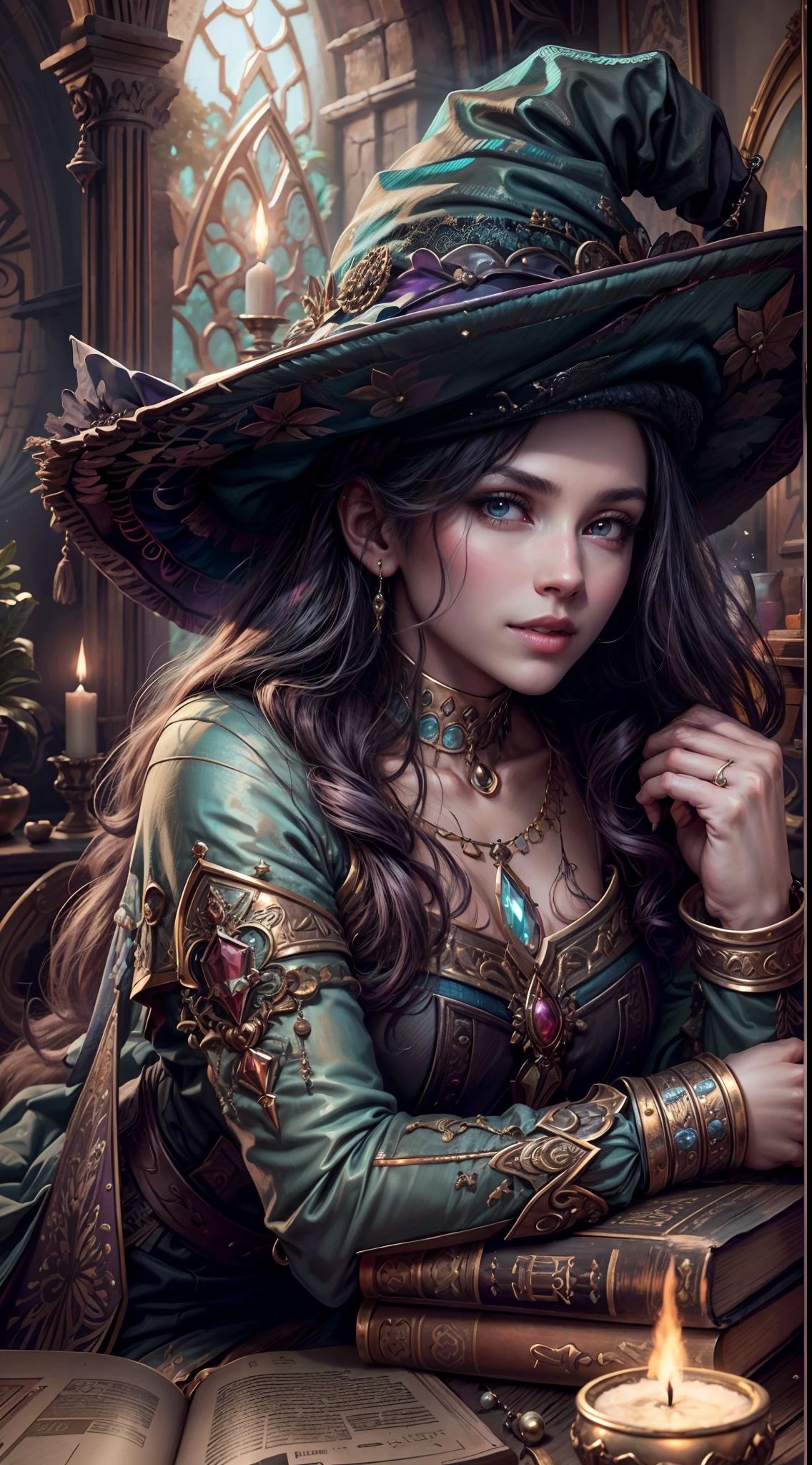 ((obra-prima)), ((melhor qualidade)), ((Ultra Detalhado)), (Awesome: 1.1), ((papel de parede extremamente detalhado da unidade CG 8k)), (8k, Foto RAW, melhor qualidade, obra-prima: 1.2), (realista, Foto realista: 1.4), (renderizado: 1.4), (renderizado: 1.4), Ultra realismo, high-resolution, NVIDIA RTX Ray Tracing, octan render, imagem de corpo inteiro, 1 garota linda, olhando para o espectador, Mago lendo um grande livro de magia em uma biblioteca antiga de uma torre de tijolos de pedra medieval, Her hair is long and black with shine, wearing a big witch's hat, His eyes are large and blue and well detailed, ela usa vestes escuras negras e azuis estampadas com estrelas prateadas e luas crescentes brilhantes, leve sorriso, Detailed and symmetrical face, perfectly proportions, biting lips, sexual excitement, sexual expression, corpo voluptuoso, thick legs with well-defined muscles, quadris largos, cintura fina, well-defined abdomen, seios grandes e empinados, mamilos protuberantes pontudos, pele parda com leve brilho de suor, estantes de livros antigos ao fundo, quarto ligeiramente escuro, lighting by chandeliers and torches on the walls, A faint haze of smoke billows out of candles and torches, Magical crystal ball with purple luminescent aura and purple rays on an old wooden table in the background, grandes janelas em arco, Deeply dark night through the windows, very starry dark sky, estrelas cadentes, grande lua semicoberta por nuvens, raios de luz da lua, diffuse lighting, fantasia, intrincado, dinamic angle, elegante, altamente detalhado, realista, 8k 3D, cinematic lighthing.