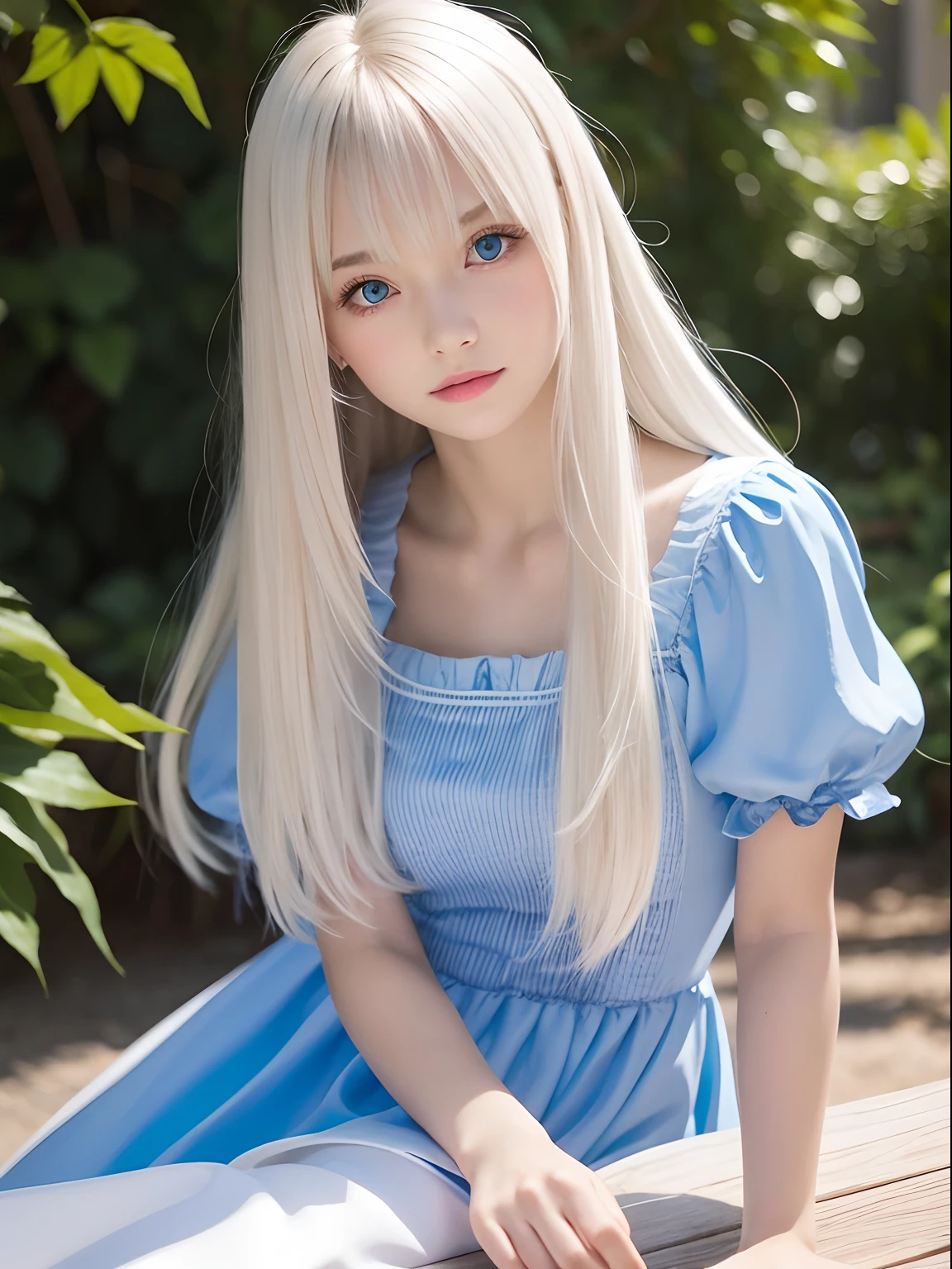 A close up of a woman with long white hair sitting on a bench - SeaArt AI