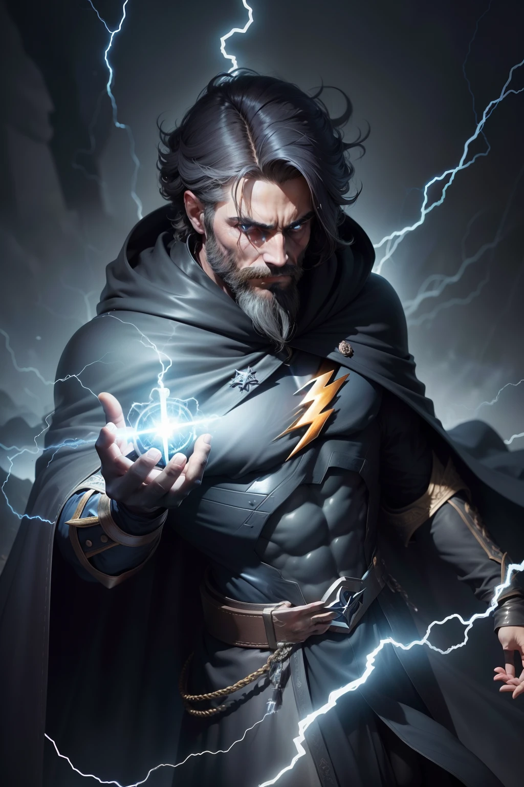 humano alto, longos cabelos cinzas, barba longa cinzaa ,olhos cinzentos, wears a dark blue cape with lightning symbols, He has a grimoire floating in front of him and his hands are covered in electricity