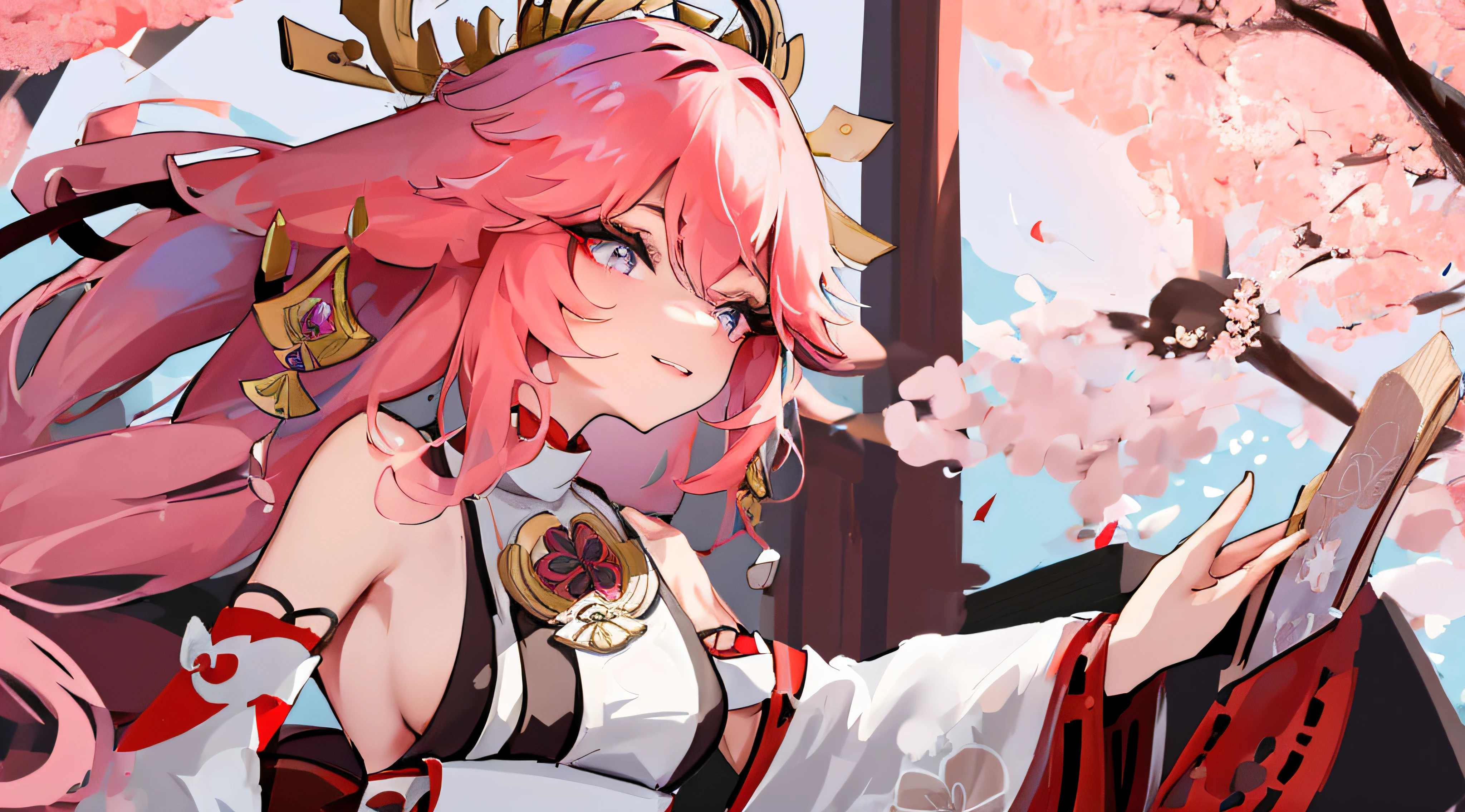 Yae Miko, 1人, Tierohren, nackte Schultern, flush, seios enormes, cherry blossoms, geschlossener Mund, detached sleeves, Ohrringe, Blume, Fuchsohren, Edelstein, Haare zwischen den Augen, Haarschmuck, Hand hoch, Japanische Kleidung, Schmuck, Kimono, Lange Haare, Blick auf den Betrachter, mid large breasts, Miko, Nicht-traditionelle Miko, Rosa Augen, rosa Blume, Rosa Haare, lila Edelstein, kurzer Kimono, sidelocks, smil, nur, upper body, schwarzer Kimono, ((Meisterwerk)), Landschaft Hintergrund,
