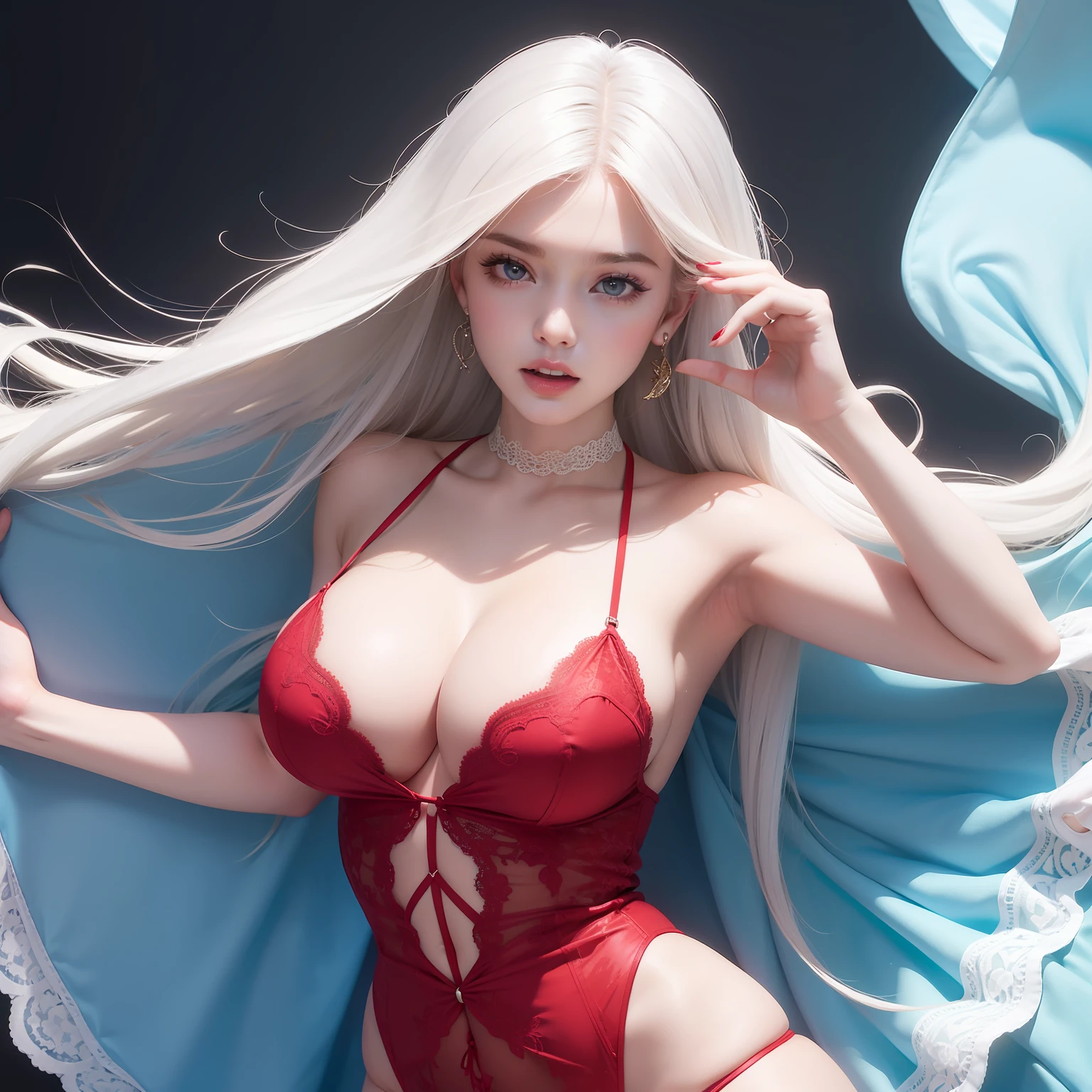 An ultra-high picture quality, Super Detail, 超A high resolution, Beautiful sexy girl, Red seductive moist thick lips, Ecstatic expression, Amorous expression, Seductive look, White shiny flowing layered messy wavy short hair, Big piercing eyes glowing blue, , Large breasts, under the boobs, sideboob barbosa, great proportion, perfectly proportions, slender, Full body, Armpit, Lace Baby Doll Dress
