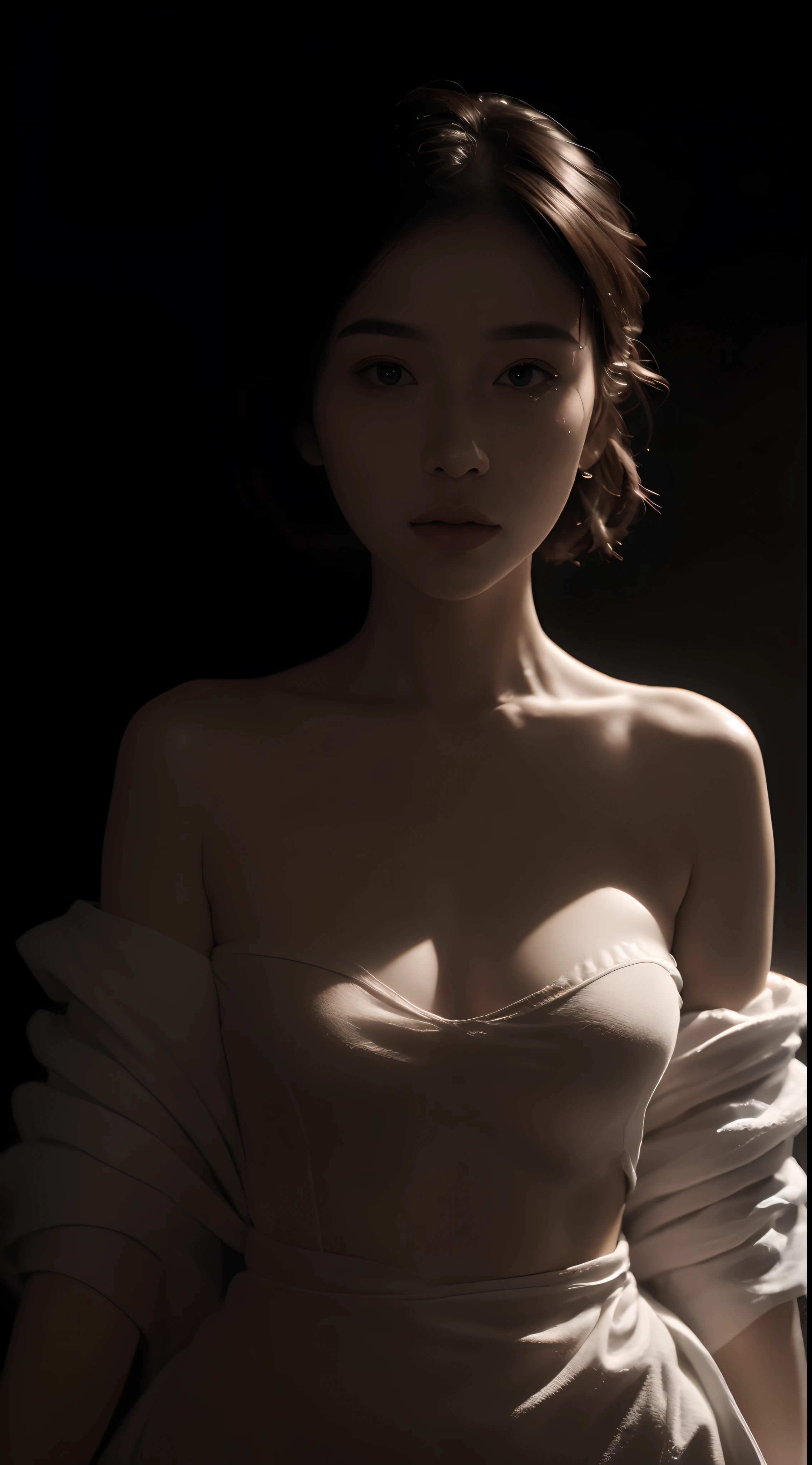 Best quality, masterpiece, ultra high res, (photorealistic:1.5), raw photo, 1girl, offshoulder, in the dark, deep shadow, low key, cold light, sexy look, short hair