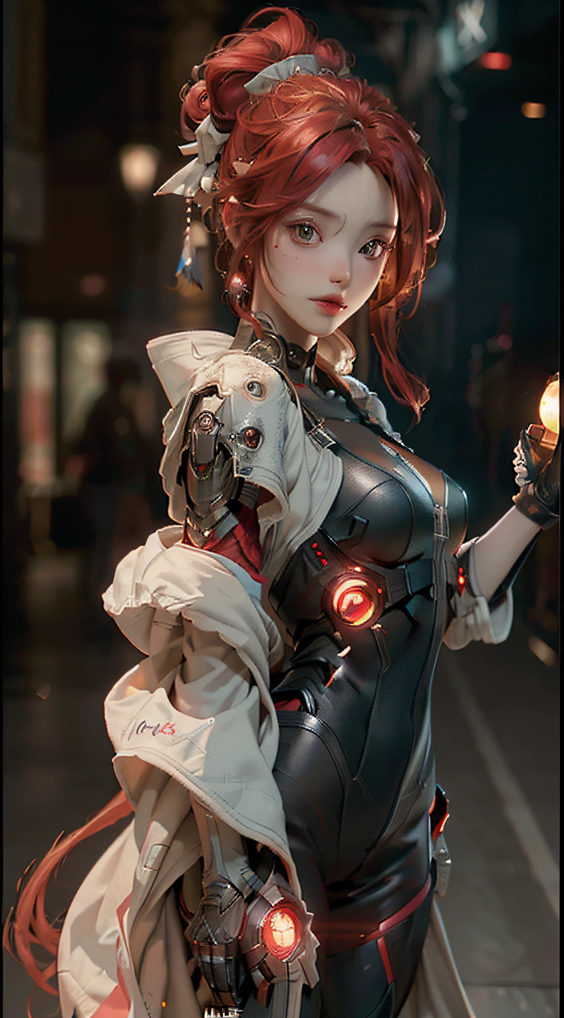 ((Best Quality)), ((masterpiece)), (detailed: 1.4), 3D, an image of a beautiful cyberpunk woman, reddish hair, Night metropolis background, HDR (High Dynamic Range),Ray Tracing,NVIDIA RTX,Super-Resolution,Unreal 5,Subsurface dispersion, PBR texture, Post-processing, Anisotropic filtering, Depth of field, Maximum clarity and sharpness, Multilayer textures, Albedo and specular maps, Surface shading, Accurate simulation of light-material interaction, Perfect Proportions, Octane Render, Two-Tone Lighting,Wide Aperture,Low ISO,White Balance,Rule of Thirds,8K RAW,