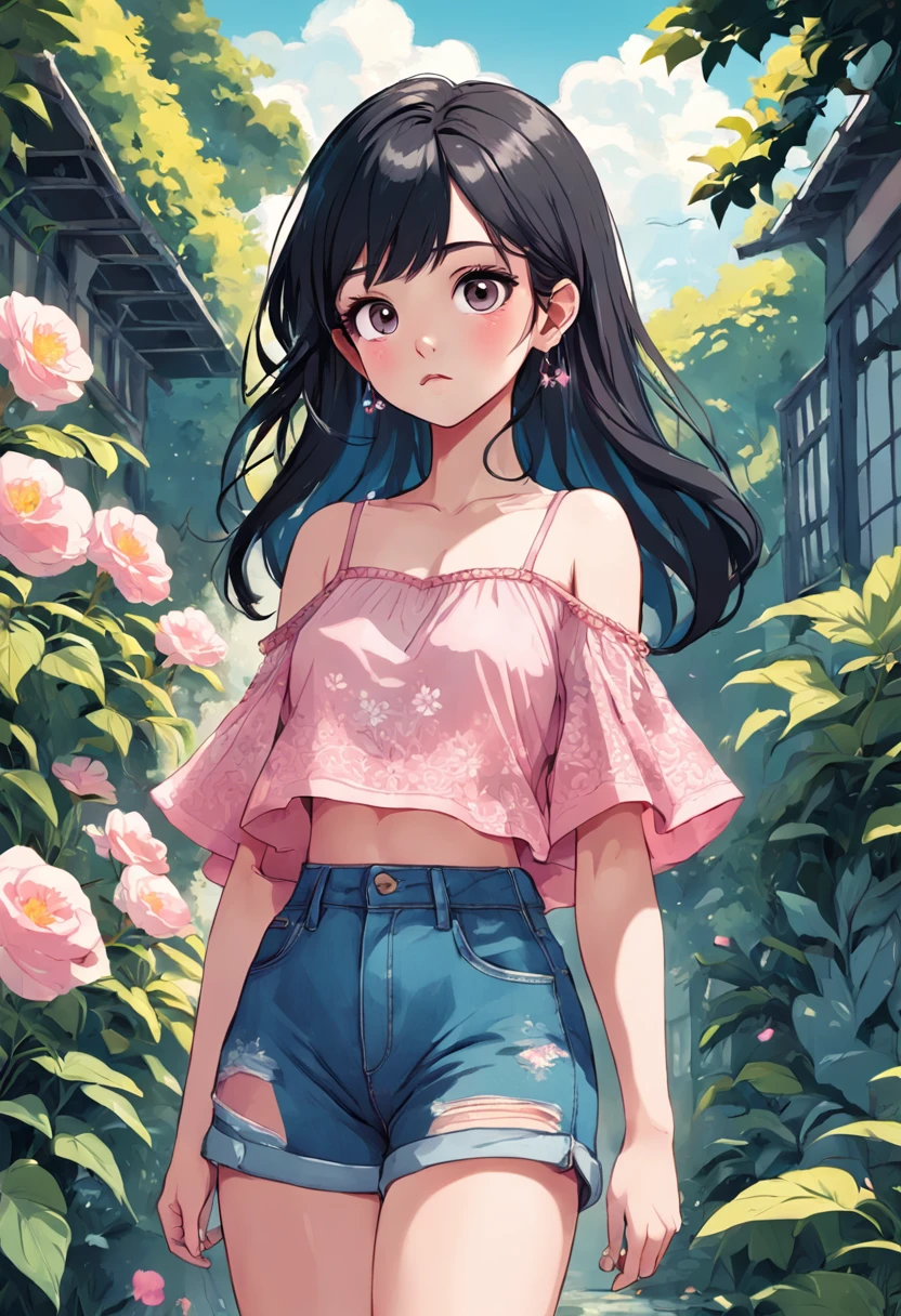 Illustration of a 25 year old woman with earrings, black hair, a pink lacy top and short denim shorts, she is standing in a garden, digital illustration style, cartoon style illustration, beautiful art style, trends in artstration, beautiful digital illustration, beautiful digital art, cartoon art style, cute detailed digital art, exquisite digital illustration, Cute drawing style, Amazing art style, Vector art style, Digital anime illustration, 2D illustration