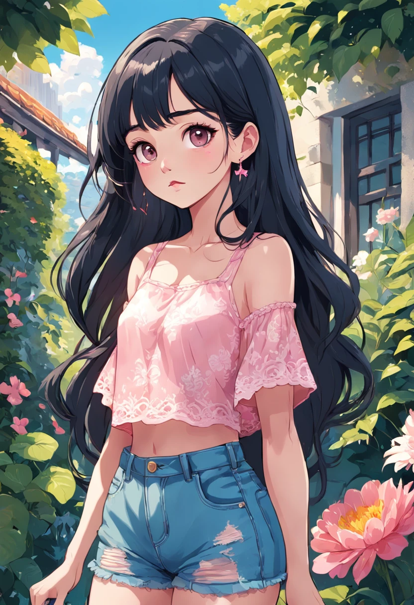 Illustration of a 25 year old woman with earrings, black hair, a pink lacy top and short denim shorts, she is standing in a garden, digital illustration style, cartoon style illustration, beautiful art style, trends in artstration, beautiful digital illustration, beautiful digital art, cartoon art style, cute detailed digital art, exquisite digital illustration, Cute drawing style, Amazing art style, Vector art style, Digital anime illustration, 2D illustration