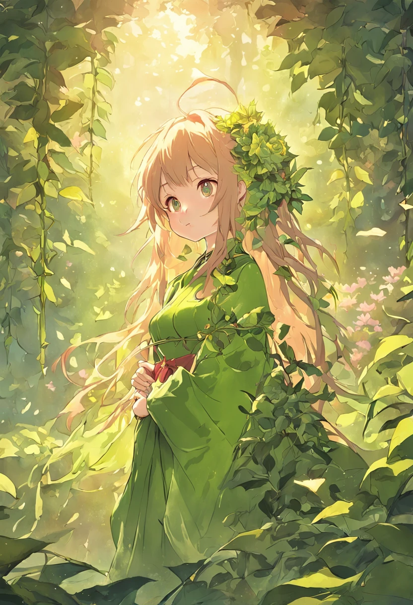 Carebear that is a alraune, grass green fur wrapped in vines and leaves, sitting in a giant pink flower with thorns, Belly Badge is a flower, Masterpiece, Best Quality