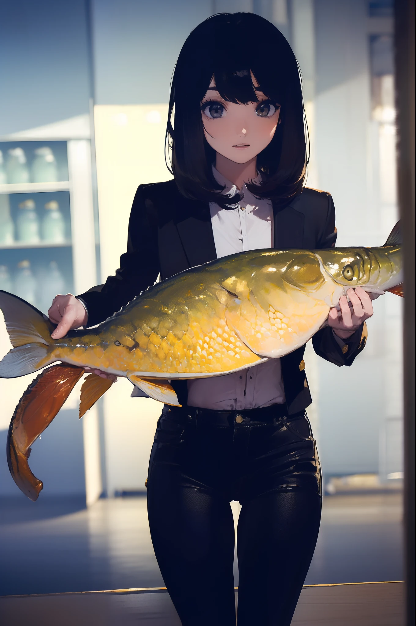 ((((Catching a big fish by the lakeside:1.5)))),((Female 28 years old)),((Best Quality:1.5)),(((Hands with the correct number and structure of fingers:1.4))),((Big fish:1.37)),hight resolution,ultra-detailliert,​masterpiece,best qualtiy,(Eight-headed body),Black hair, long eyes-lashes, Solid Circle Eyes, drop shadow, Atmospheric perspective,Super Detail, ccurate, small brest,(Black jacket and black jeans :1.1),top-quality, blurry backround, bokeh dof:1.2, (​masterpiece:1.3),  Atmospheric perspective,Super Detail,dynamic compositions,