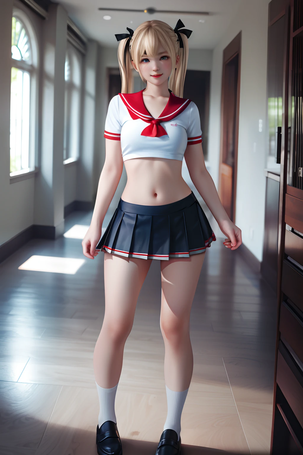 Top image quality、8K picture quality、hightquality、Detailed picture、nffsw、1girll、独奏、Full Body Marie Rose、A smile、Embarrassing、red blush、small plump breasts、Laughter in the chest、slenderbody、Summer short-sleeved sailor suit、Short length、Red color ornament、(Lower milk is visible)、The navel is visible、Dark blue super mini pleated skirt、 (((Skirt length with an inseam of 1 cm)))、((Panties))Black C-Strinks、Show C string in full view、Standing Pose、Open your legs shoulder-width apart、Thrust your hips forward、Black High Socks、Brown loafers、gazing at viewer、Facing the viewer、White thighs looking at C strings、Glamorous、frilld、Stone corridor