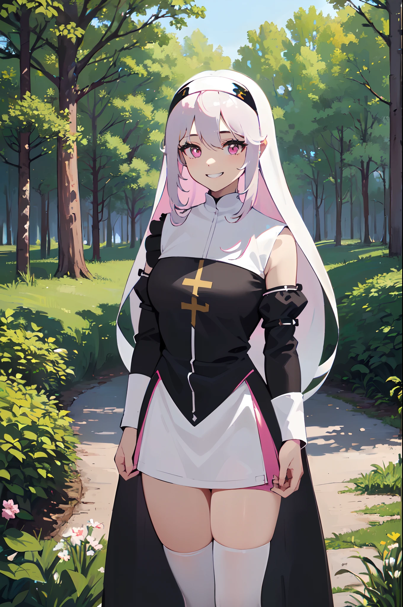 1girl, solo, (Appearance: white hair, pink eyes, medium breasts, long hair, hair between eyes, nun clothes, nun, black thighhighs:1.2), (Actions: standing, looking at viewer, smiling, arms behind back, grin:1.2), (Scenery: lake, trees, forest scenery, pacific, tranquil, close-up, portrait, beautiful face), ((masterpiece, best quality))