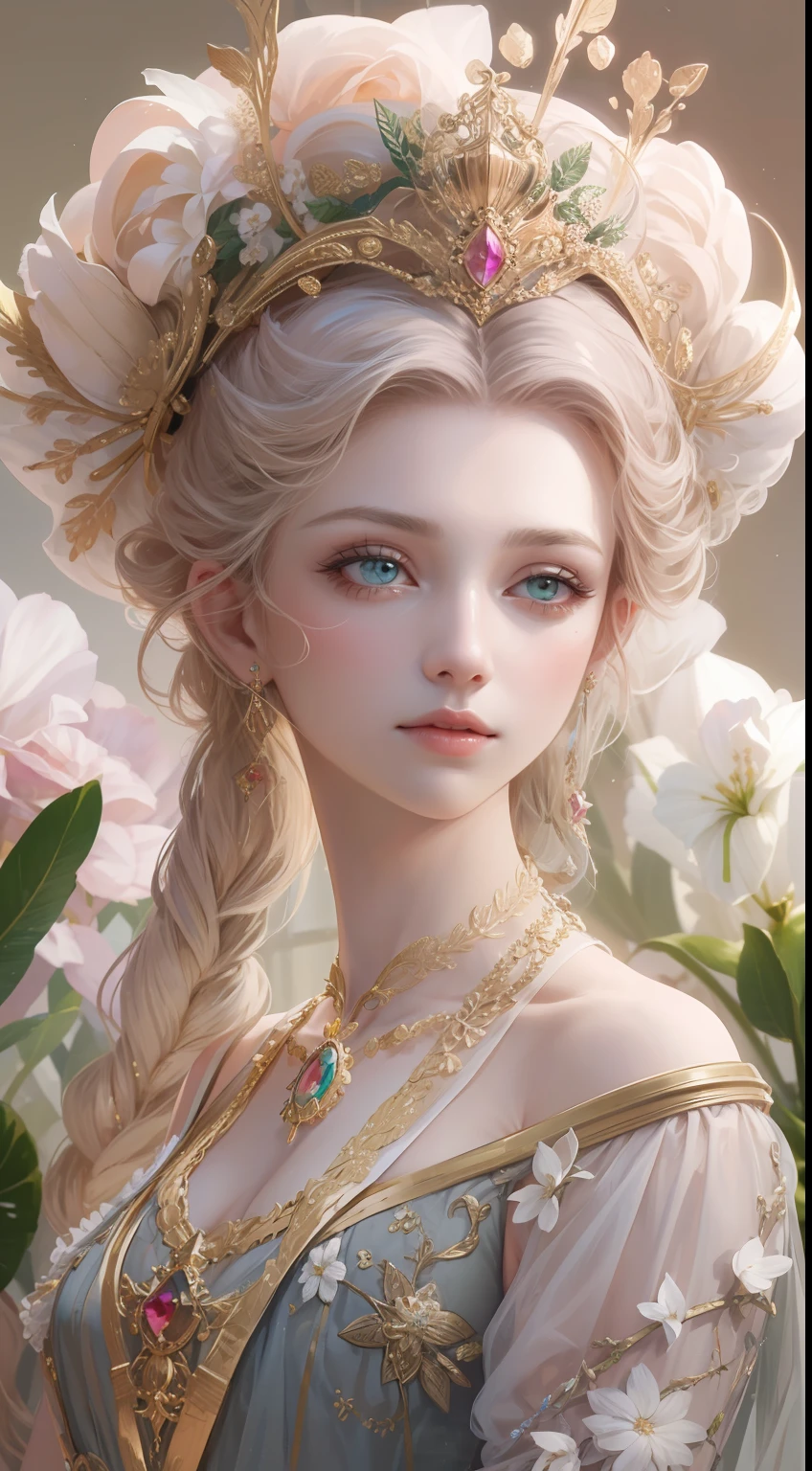 tmasterpiece,Highest high resolution,Beautiful bust of a royal lady,Delicate pink braided hair,Green clear eyes,The hair is covered with beautiful and delicate floral craftsmanship, Crystal jewelry filigree,Ultra-detailed details,upscaled。Soft lighting