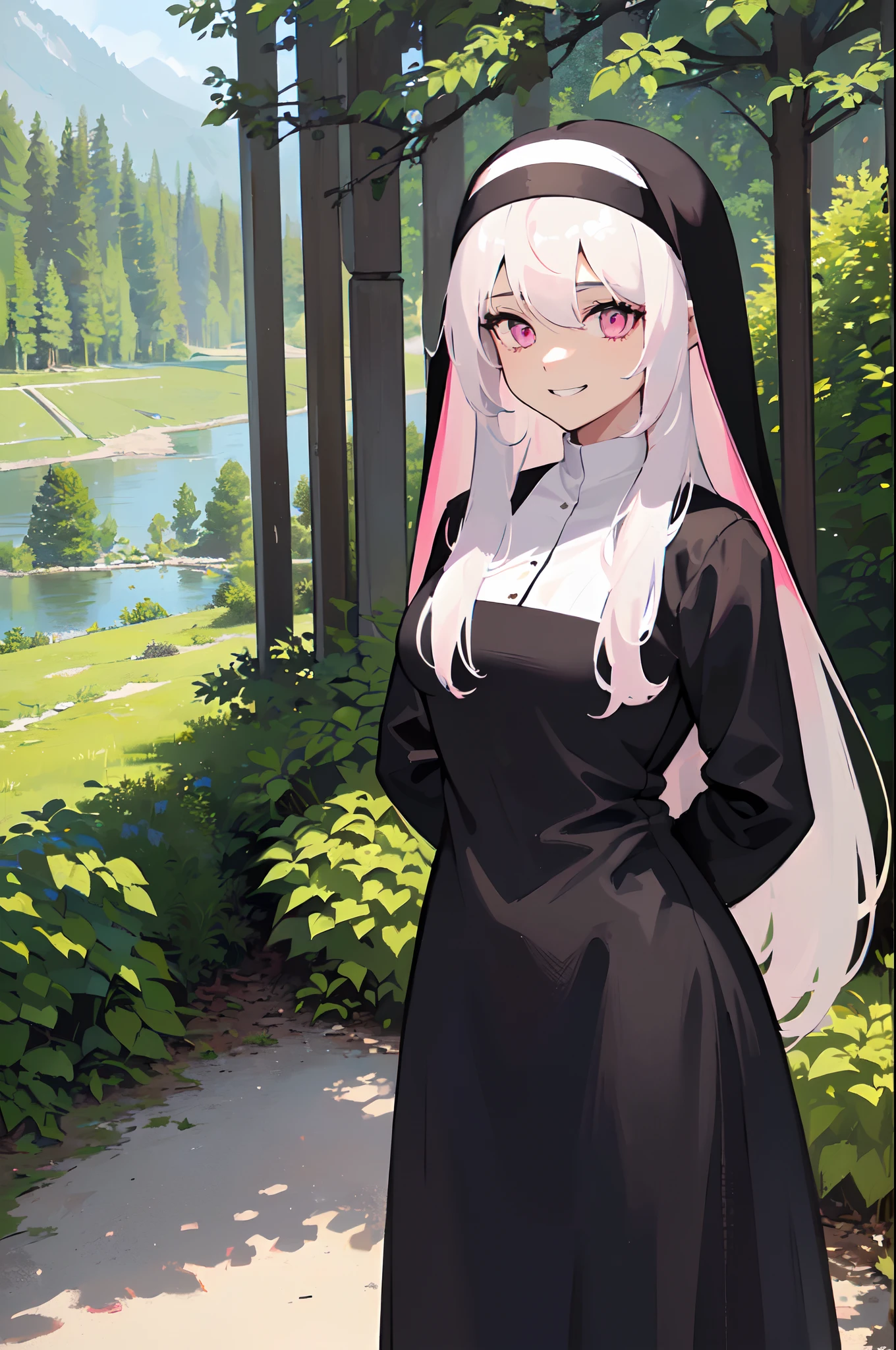 1girl, solo, (Appearance: white hair, pink eyes, medium breasts, long hair, hair between eyes, nun clothes, nun:1.2), (Actions: standing, looking at viewer, smiling, arms behind back, grin:1.2), (Scenery: lake, trees, forest scenery, pacific, tranquil, close-up, portrait, beautiful face), ((masterpiece, best quality))