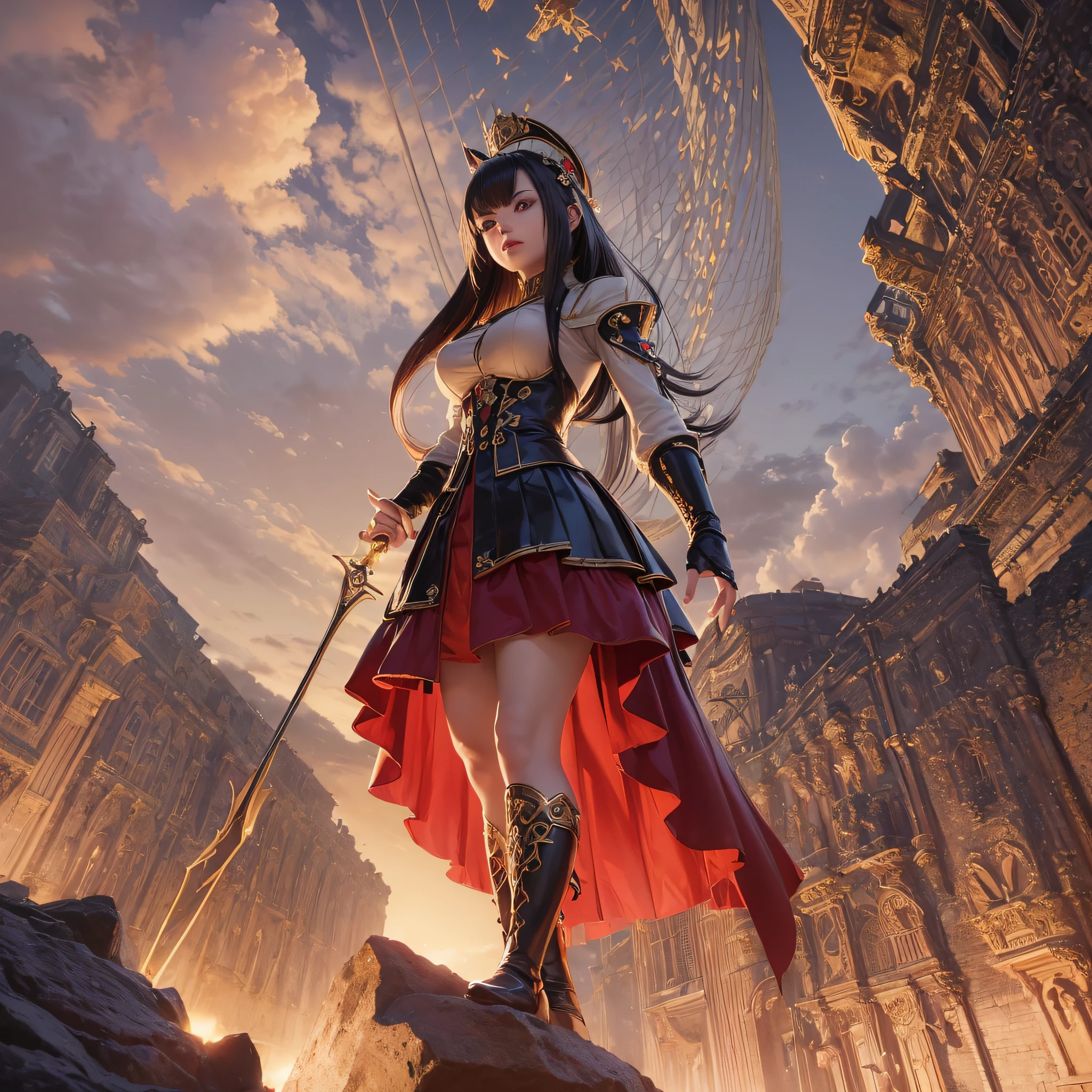 (3D anime, 3D image, best quality), Good Hancock - The Pirate Empress and leader of the Kuja Pirates,(beautiful face, extraordinary beauty, power to petrify),(red dress, golden details), (black hair), (artistic background, ocean horizon),(dramatic lighting, spotlights, dark shadows),(epic pose, standing), volumetric light.