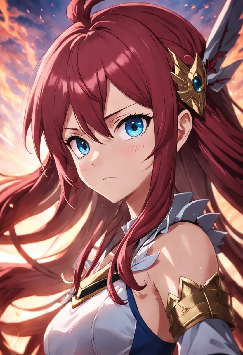 a perfect art by Erza Scarlet with her traditional armor and with a serene expression, cabelos e olhos perfeitos, sombras realistas, incredible details, olhos perfeitos, perfect hands, Fairy Tail, Fairy Tail anime.
