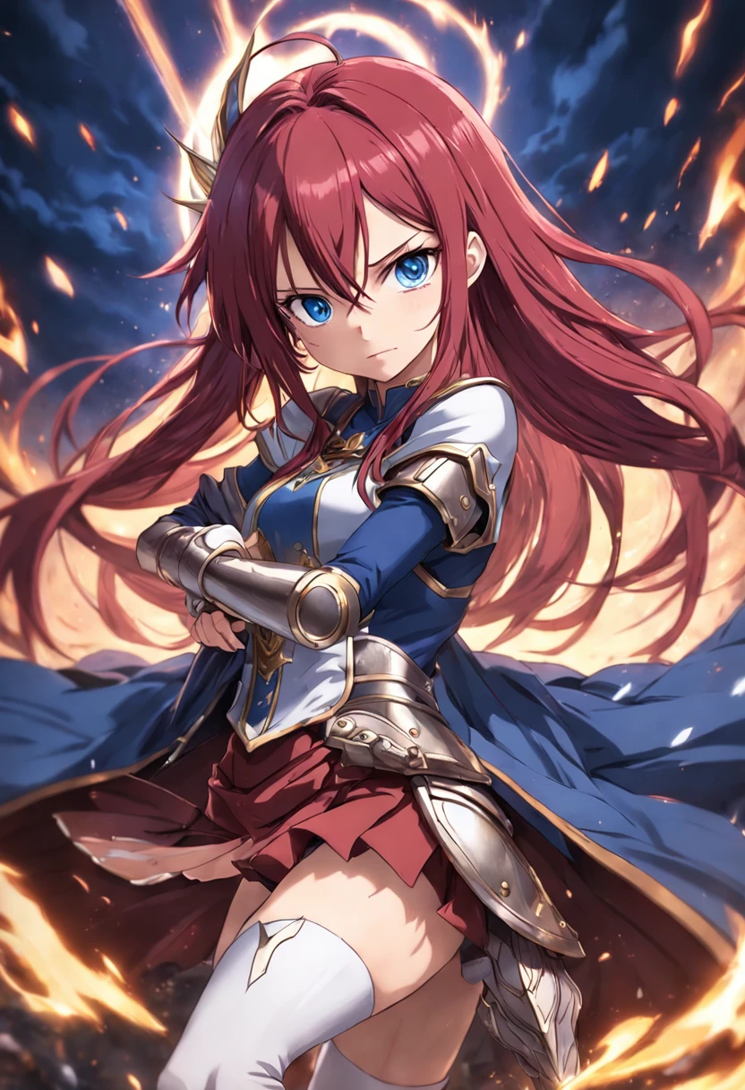a perfect art by Erza Scarlet with her traditional armor and with a serene expression, cabelos e olhos perfeitos, sombras realistas, incredible details, olhos perfeitos, perfect hands, Fairy Tail, Fairy Tail anime.