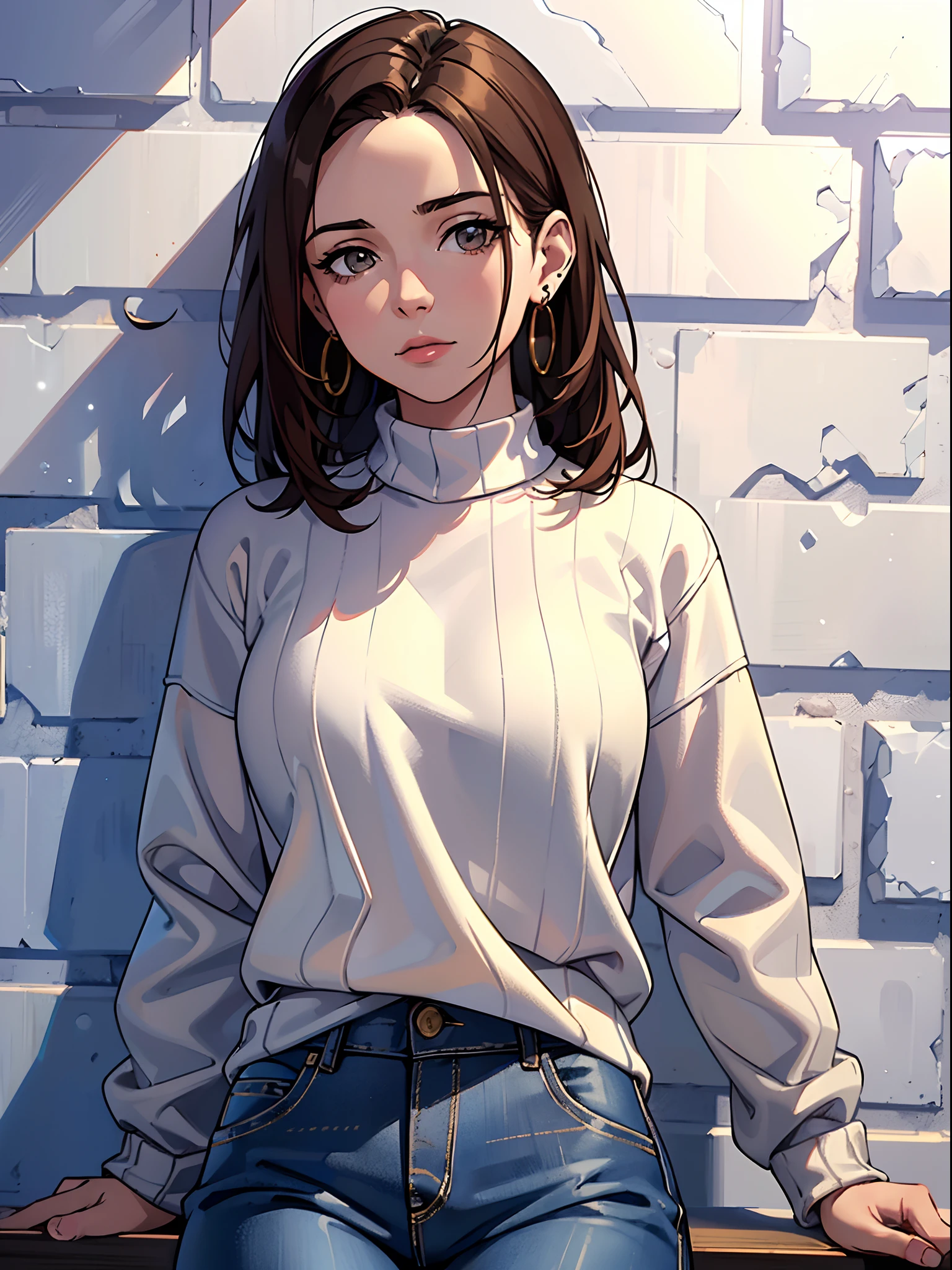 (masterpiece)), ((best quality)), (ultra-detailed), realistic, 8k, wallpaper, beautiful, high resolution, young woman wearing blue shirt posing next to white brick wall, wearing striped sweater, 1girl, solo, pants, earrings, jewelry, looking at viewer, sweater, brown hair