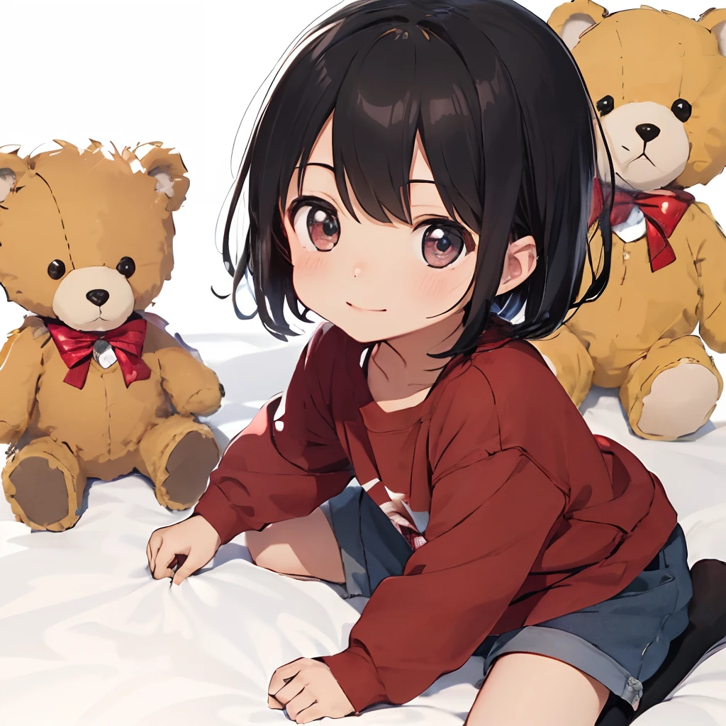best qualtiy,1 boy, a baby face,Red clothes,(Play with stuffed bears) , adolable, C4D,(Male child)(0Year old boy)(Simple backgrounds)(ssmile)