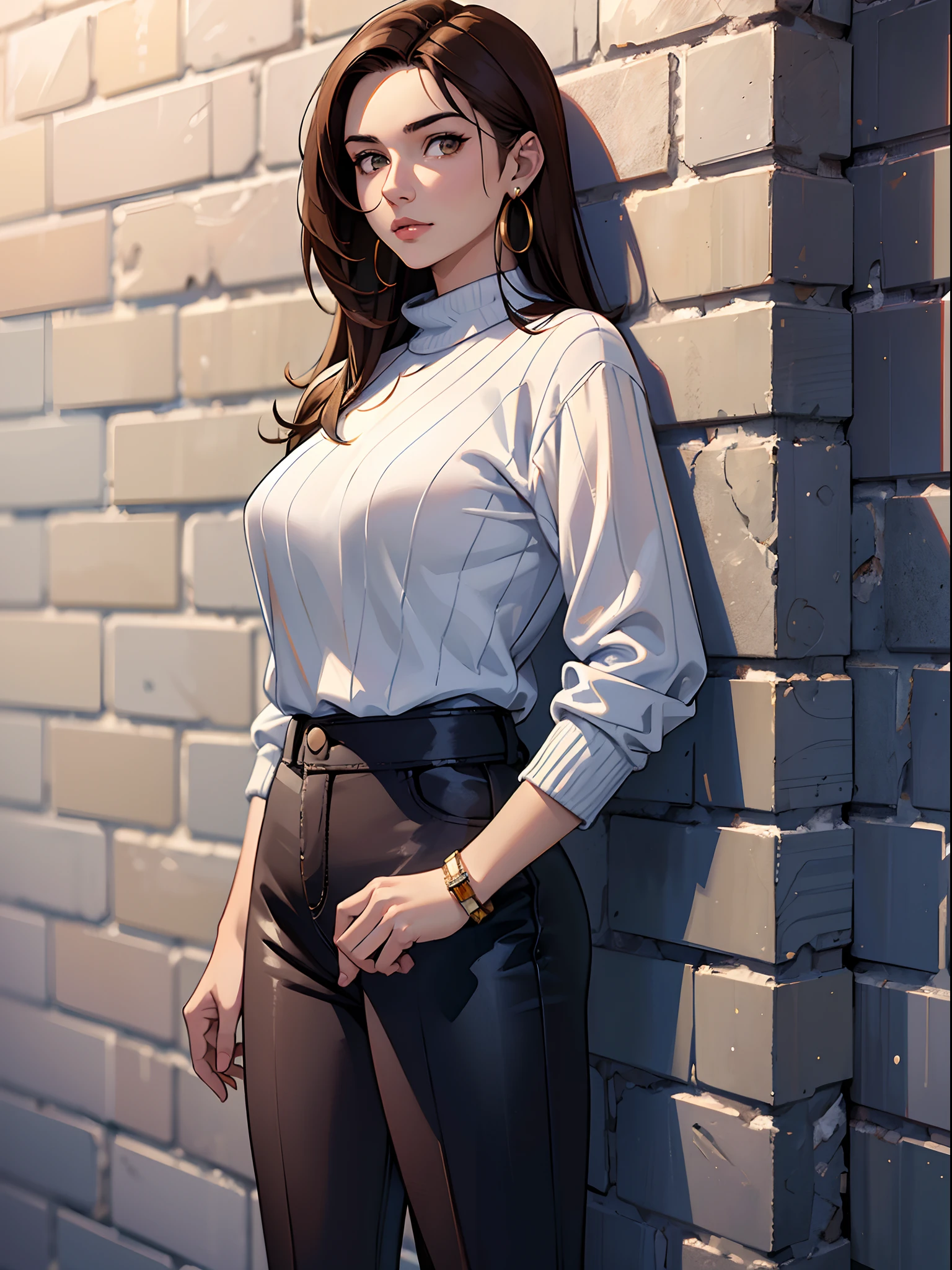 (masterpiece)), ((best quality)), (ultra-detailed), realistic, 8k, wallpaper, beautiful, high resolution, young woman wearing blue shirt posing next to white brick wall, wearing striped sweater, 1girl, solo, pants, earrings, jewelry, looking at viewer, sweater, brown hair