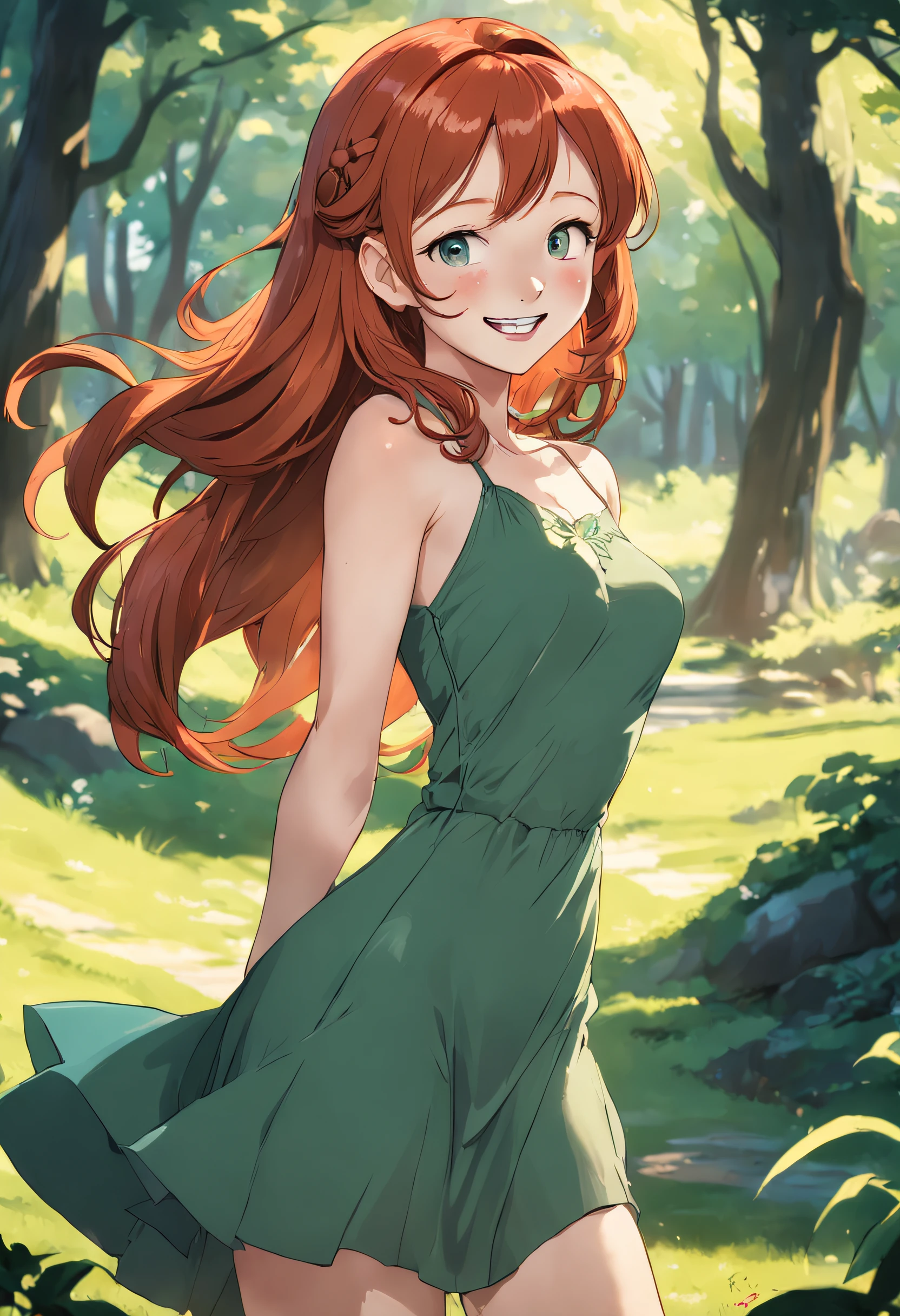 Araffe Redhead Woman, Take a picture wearing a green dress, seductively smiling, she is smiling and excited, Beautiful young redhead woman, freckle, friendly seductive smile, clear curvy details, small round breasts, next to a tree, curvy model