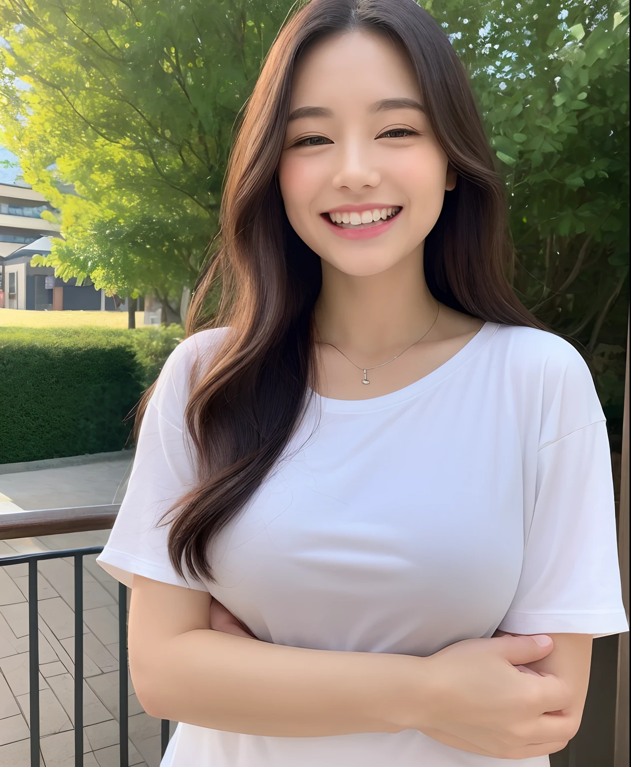 ((top-quality、in 8K、masterpiece:1.3))、1girl in、Beautiful woman with plump abs emphasized:1.3、(The long-haired、Colossal tits:1.2)、In the city、Super delicate face、wholesome、二重まぶた、A smile that showed teeth、Random Color T-Shirt、Looking at the camera、Big smile、Look here、Look at me with your eyes wide open、Cozy feeling、tshirts、Take a walk outside