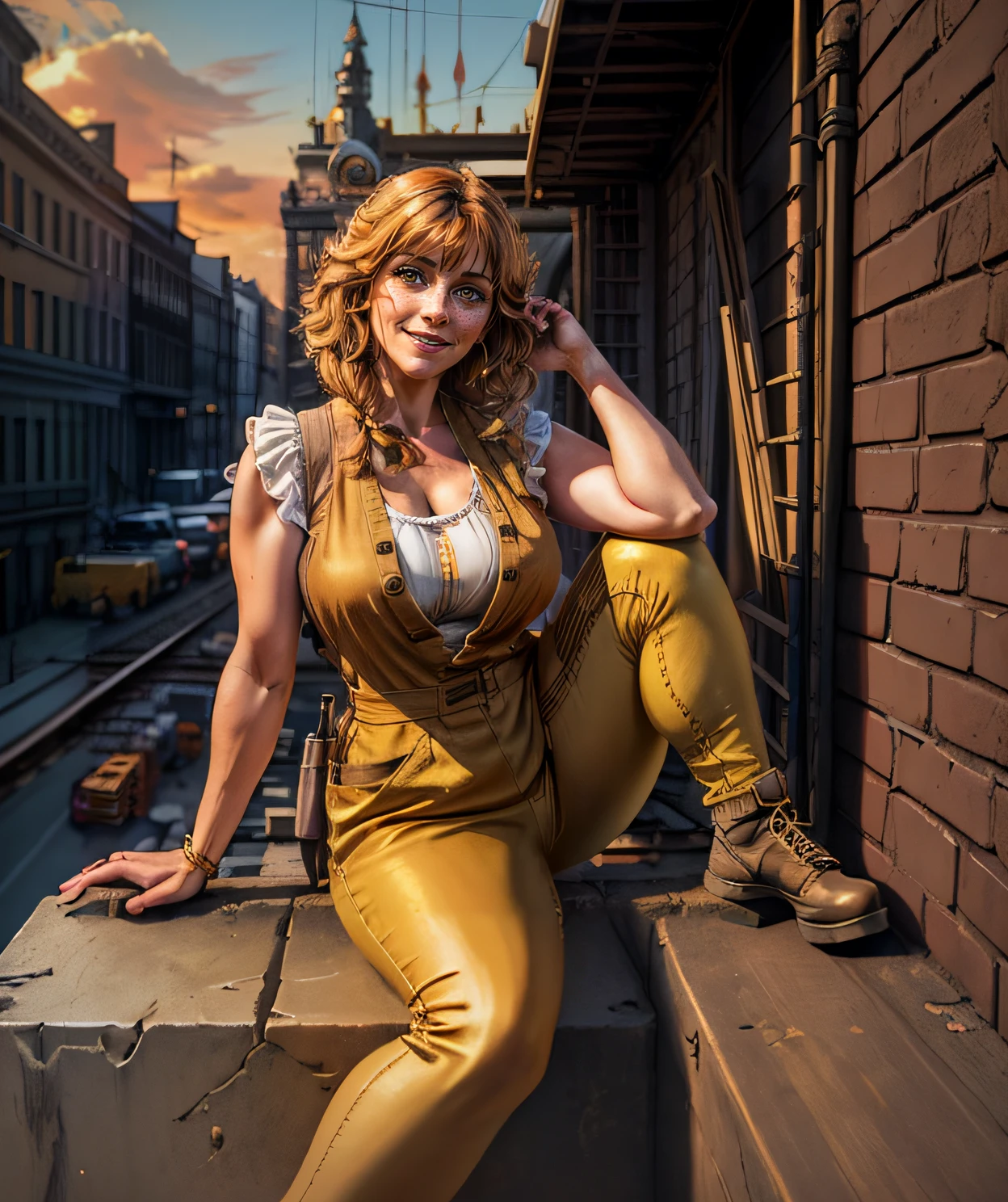 there is a woman sitting on a ledge in a yellow dress, golden steampunk city atmosphere, in a steampunk distopian city, character photography, golden steampunk, in steampunk cityscape, steampunk pin-up girl, publicity cosplay, portrait of a steampunk catgirl, elizabeth from bioshock infinite, steampunk inventor girl, steampunk girl, lofi bioshock steampunk portrait, dieselpunk setting