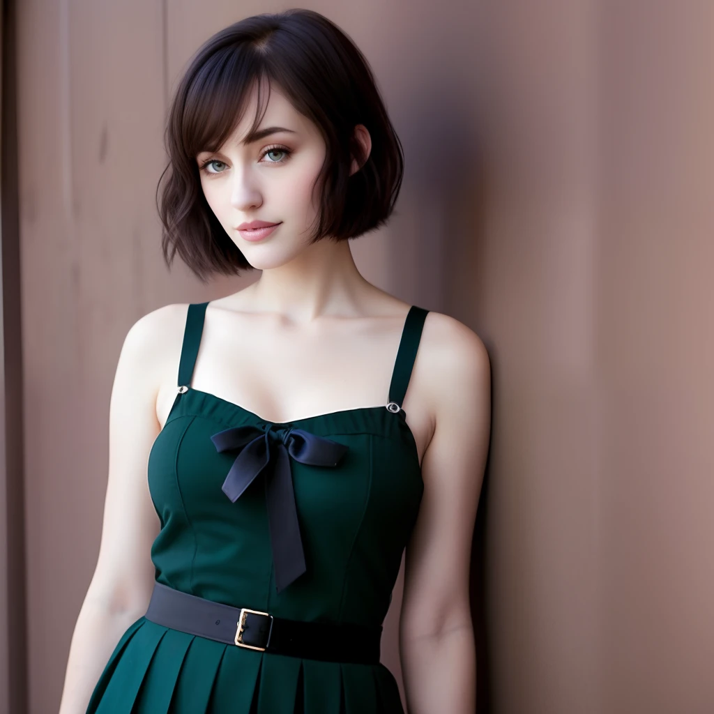 Jessica Stoya, caucasian woman posing for a picture in school girl uniform, realistic, pale fair skin, with black hair, shoulder length hair she has black hair, with pale skin, short dark hair, digital art. photo realistic, highres, alice cullen, beautiful kat dennings, wonderful dark hair, short black hair, petite girl, small breasts
