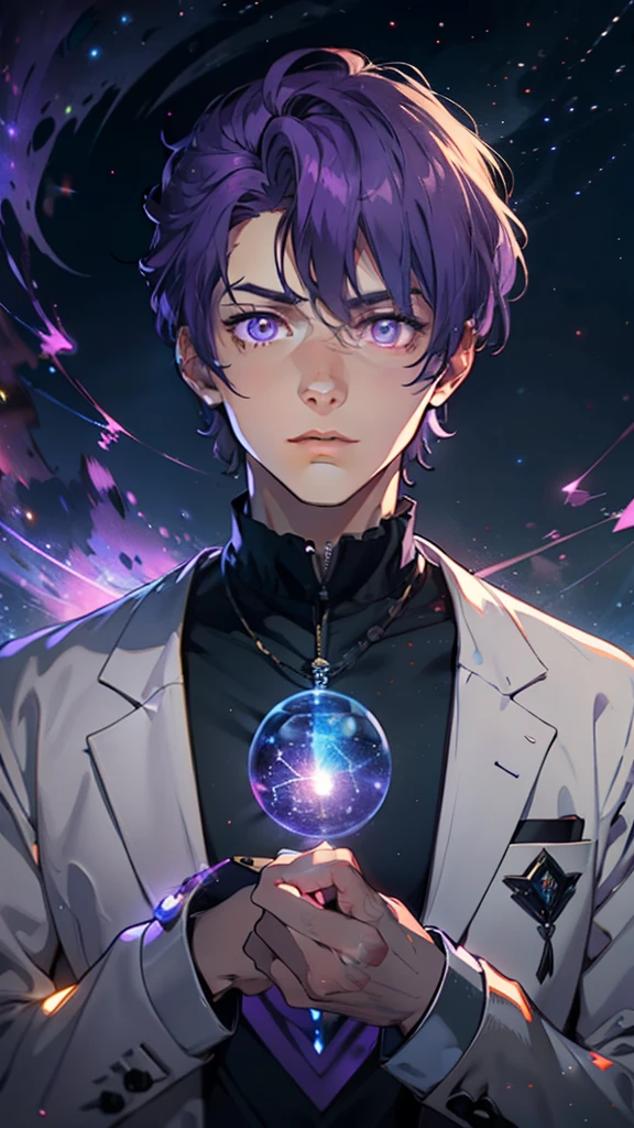 (8K animation:1.2), Create a young man with purple hair, purple glowing eyes eyes, wearing clothes from the 1800s holding a purple glowing amulet with constellations behind him