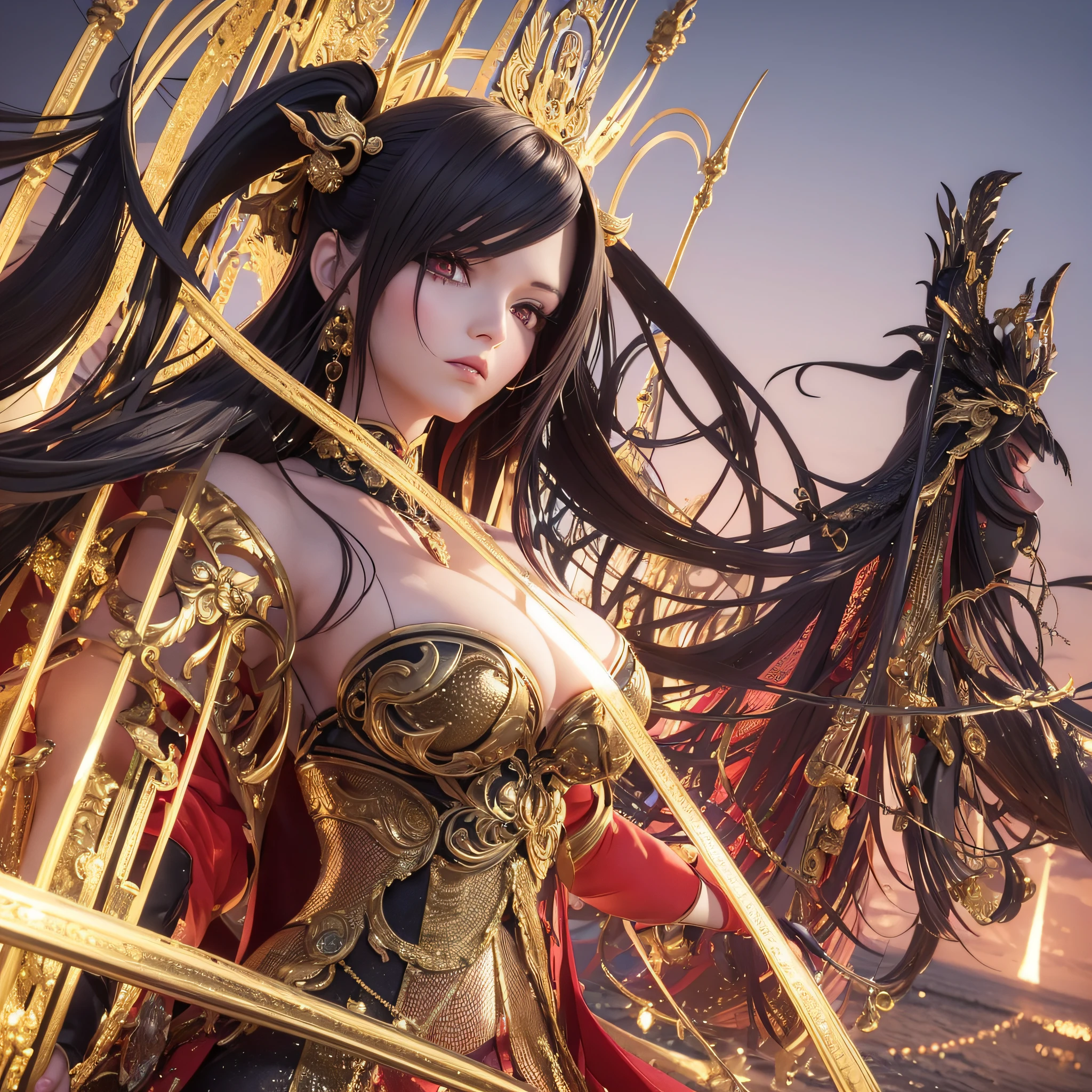(3D anime, 3D image, best quality), Good Hancock - The Pirate Empress and leader of the Kuja Pirates,(beautiful face, extraordinary beauty, power to petrify),(red dress, golden details), (black hair), (artistic background, ocean horizon),(dramatic lighting, spotlights, dark shadows),(epic pose, standing), volumetric light.
