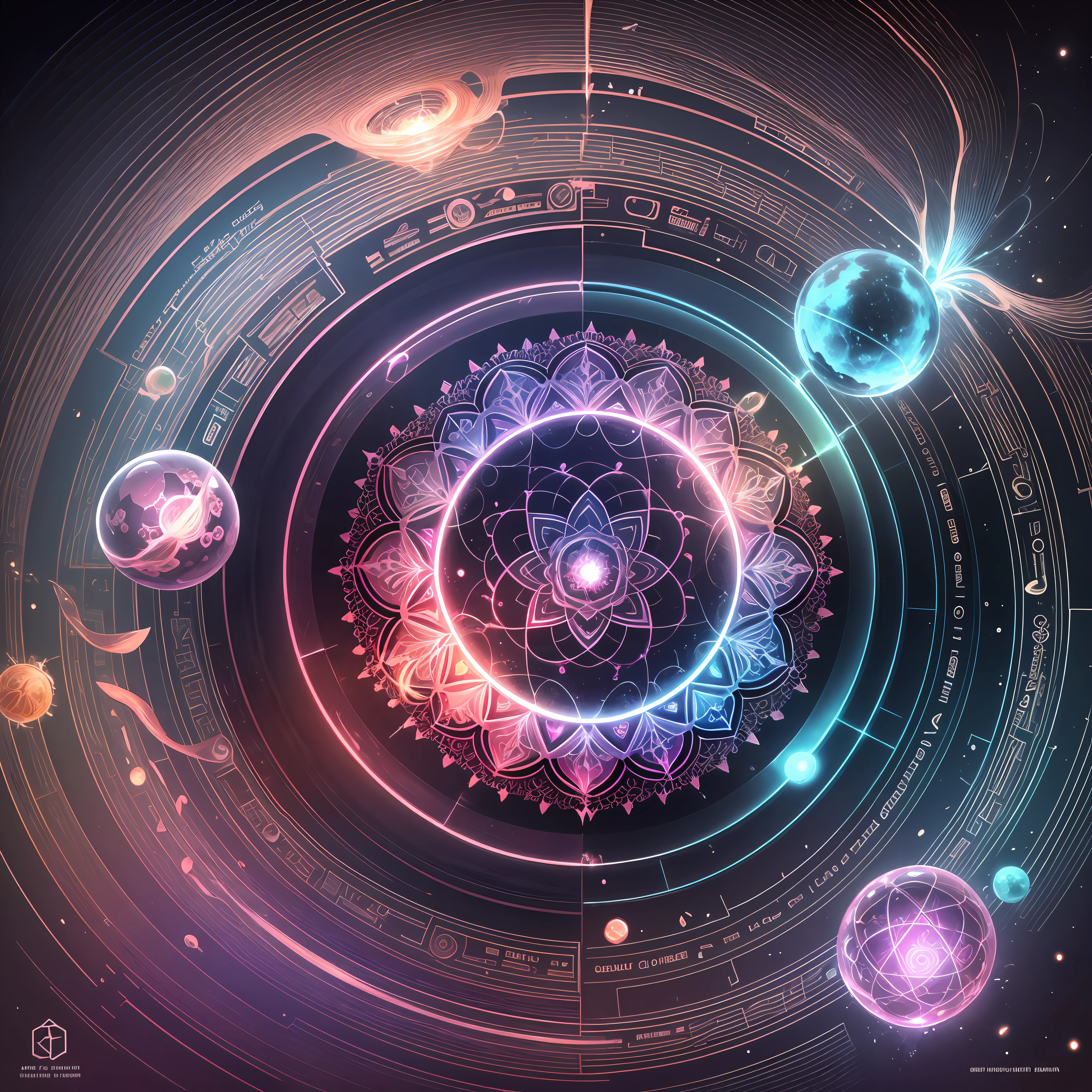 a close up of a glass with a flower inside of it, the nucleus, atom, torus energy, digital illustration radiating, akashic, alchemical, energy spheres, quantum deep magic, quantum, ajna chakra, energy core, sacred fractal structures, alchemical still, alchemic, luminous nebula, within radiate connection, sacred geometry melting --auto --s2