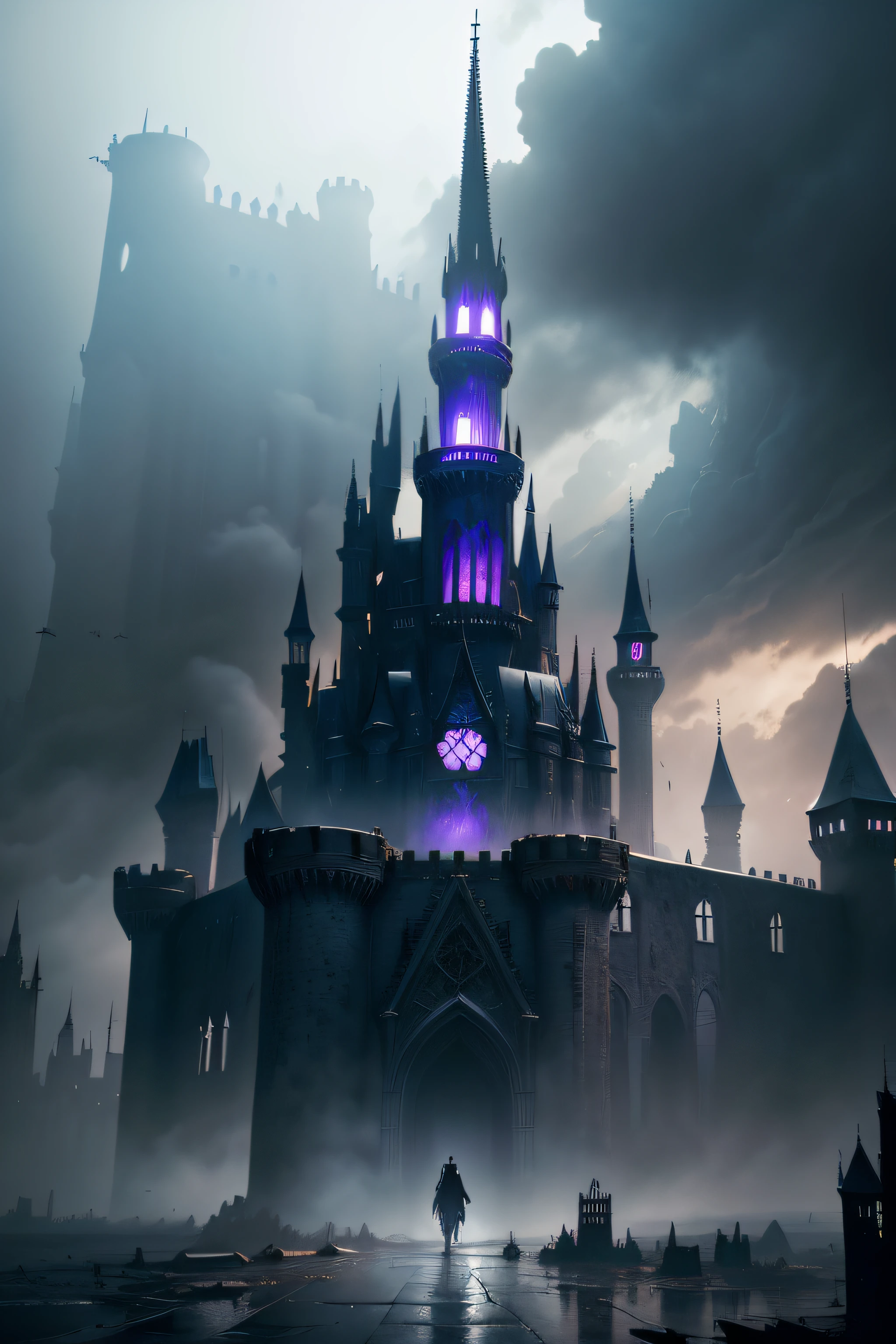 There is a drawing of the castle，A man stood in front, dramatic concept art, post - apocalyptic magic kingdom, black, white and blue purple matte painting, Gothic epic library concept, ornate city ruins, dark high-contrast concept art, Gothic dystopian interior, Ruined cityscape, concept art highly detailed, bloodborne concept art, Dystopian digital concept art