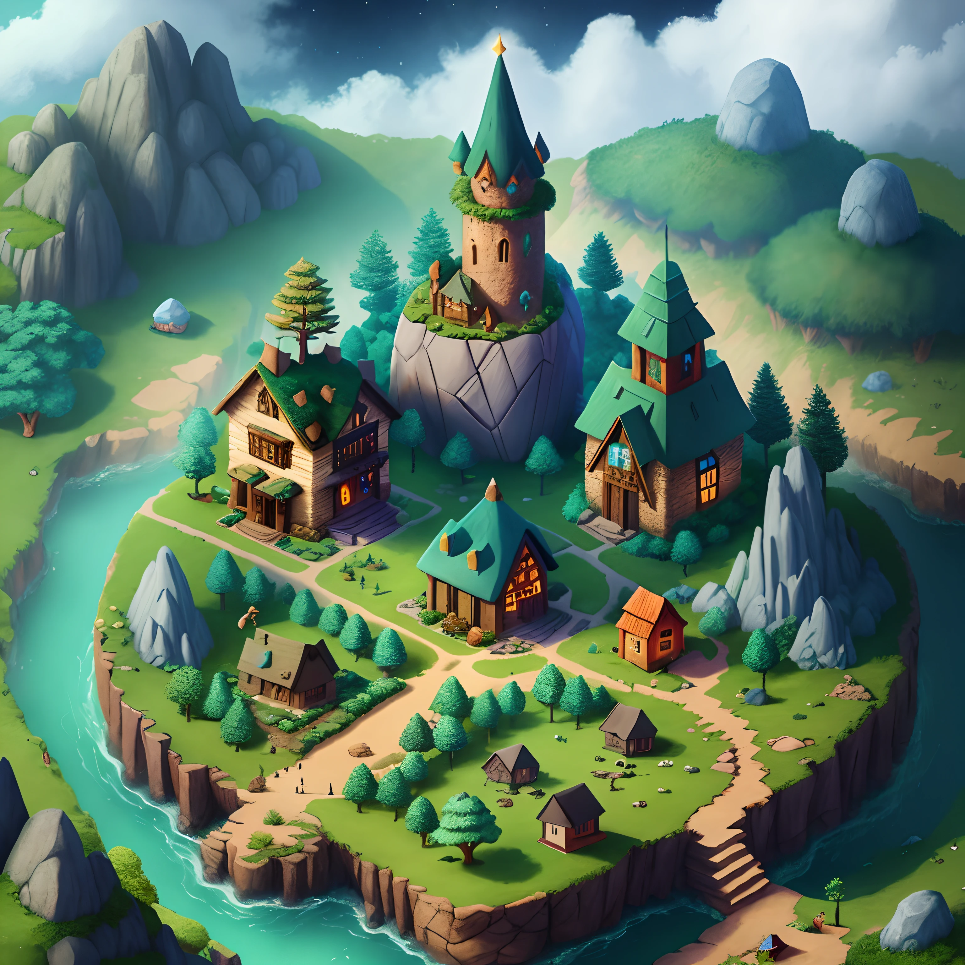 The whole village, a large rock that becomes a symbol in the back, an isometric house in the forest, fantasy colors, RPG style, cartoon, fantasy, details, game