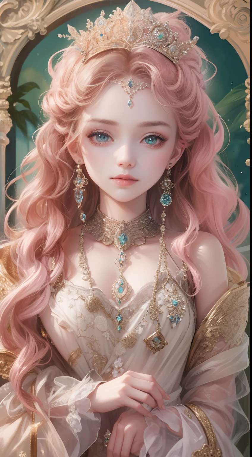 tmasterpiece，Highest high resolution，Beautiful bust of a royal lady，Delicate pink braided hair，Green clear eyes，The hair is covered with beautiful and delicate floral craftsmanship, Crystal jewelry filigree，Ultra-detailed details，upscaled。Soft lighting