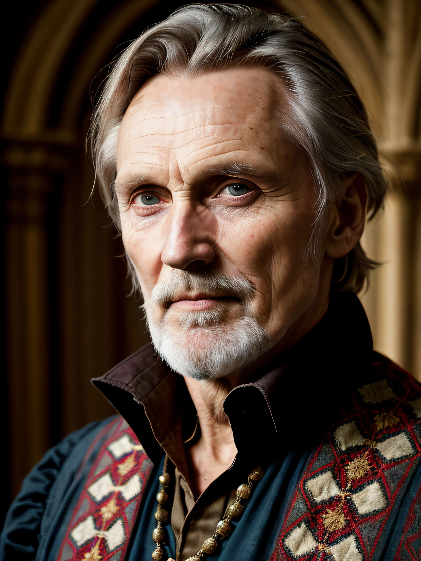 A (portrait photography: 1.2) close up photo of a mix between Lars Mikkelsen and Christopher Lee and Dennis Hopper as a medieval fantasy 55 year-old nobleman, revolting looks, slim, well-kept slicked back straight grey hair, thin well-kept goatee, serious conceited expression, medieval fantasy elaborate rich embroidered nobleman's clothes, in a medieval fantasy nobleman's palace, cinematic lighting, Canon EOS 5D Mark IV