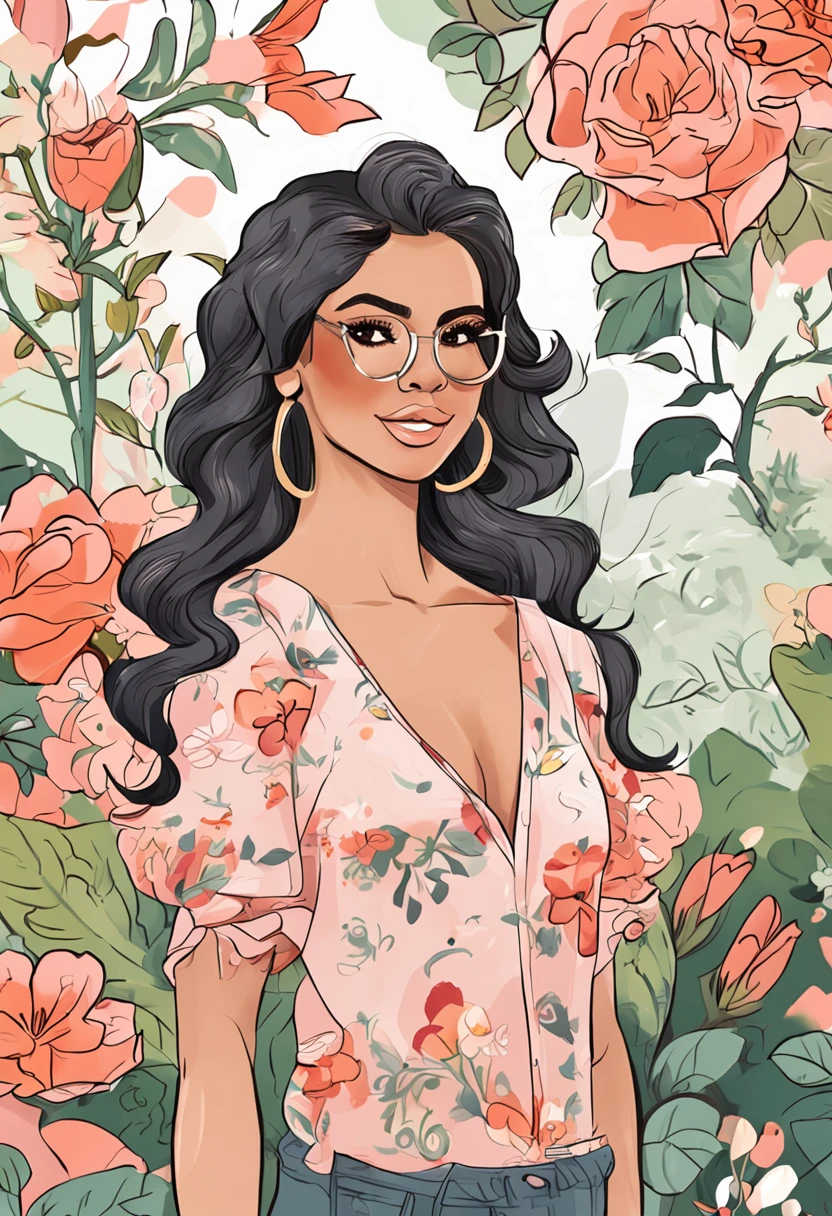 Illustration of a 25-year-old woman with earrings, cabelos pretos, um top rosa rendado e shorts jeans curtos, She is standing in a garden, Digital illustration style, Cartoon style illustration, belo estilo de arte, Trends in Artstration, Beautiful digital illustration, bela arte digital, estilo de arte dos desenhos animados, arte digital detalhada bonito, exquisite digital illustration, Estilo de desenho bonito, Amazing Art Style, estilo de arte vetorial, Digital anime illustration, 2d illustration