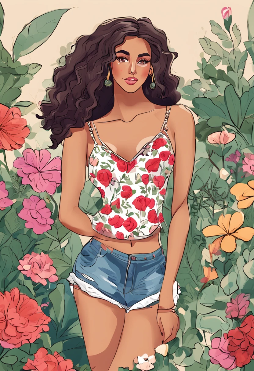 Illustration of a 25-year-old woman with earrings, cabelos pretos, um top rosa rendado e shorts jeans curtos, She is standing in a garden, Digital illustration style, Cartoon style illustration, belo estilo de arte, Trends in Artstration, Beautiful digital illustration, bela arte digital, estilo de arte dos desenhos animados, arte digital detalhada bonito, exquisite digital illustration, Estilo de desenho bonito, Amazing Art Style, estilo de arte vetorial, Digital anime illustration, 2d illustration