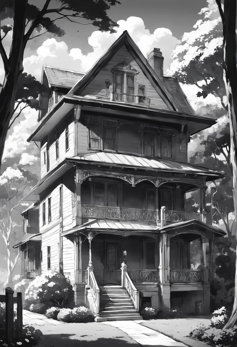 Black and white sketch of an American house with a large porch, emoldurado por um fundo de estilo de imagem polaroid