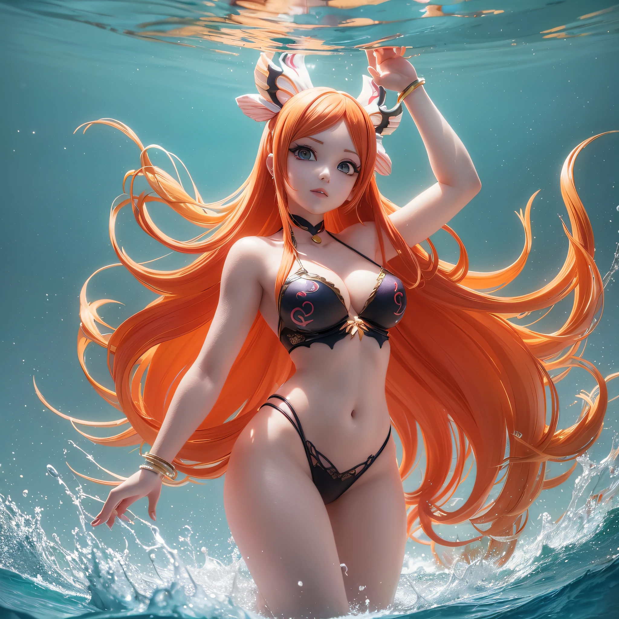(3D anime, 3D image, best quality), Shirahoshi - The Mermaid Princess of Fishman Island, Manga One Piece, (beautiful face, extraordinary beauty), (orange hair), (artistic background, ocean horizon),(dramatic lighting, spotlights, dark shadows),(epic pose, standing), volumetric light.